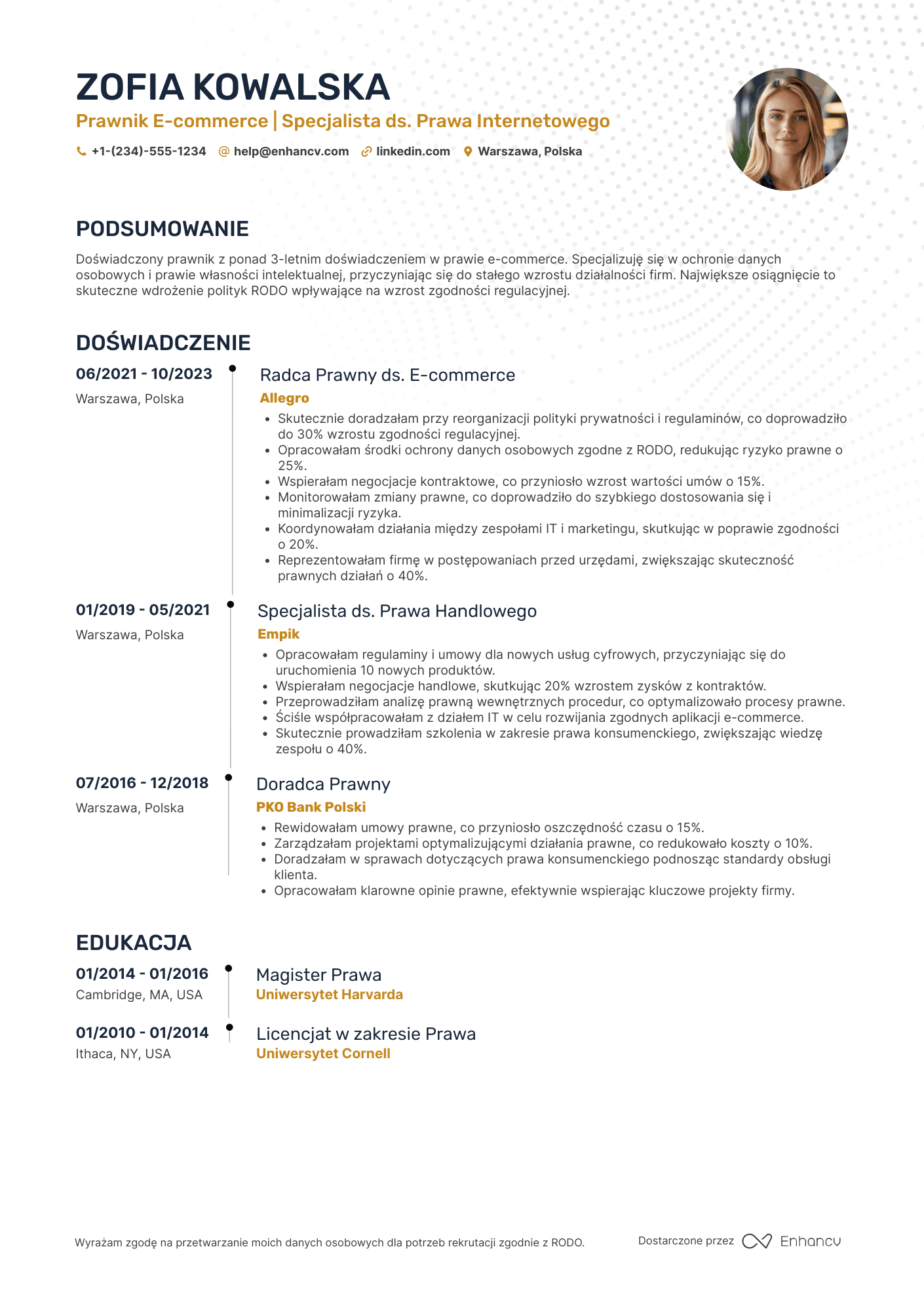 CV dla Prawnik ds. Prawa E commerce