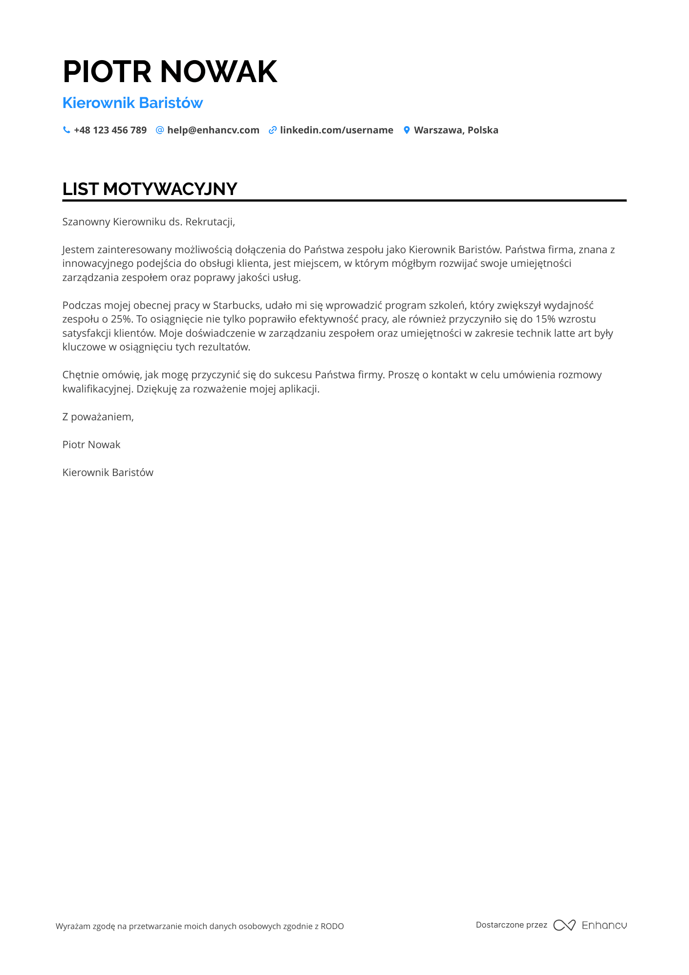 List motywacyjny dla Barista Manager