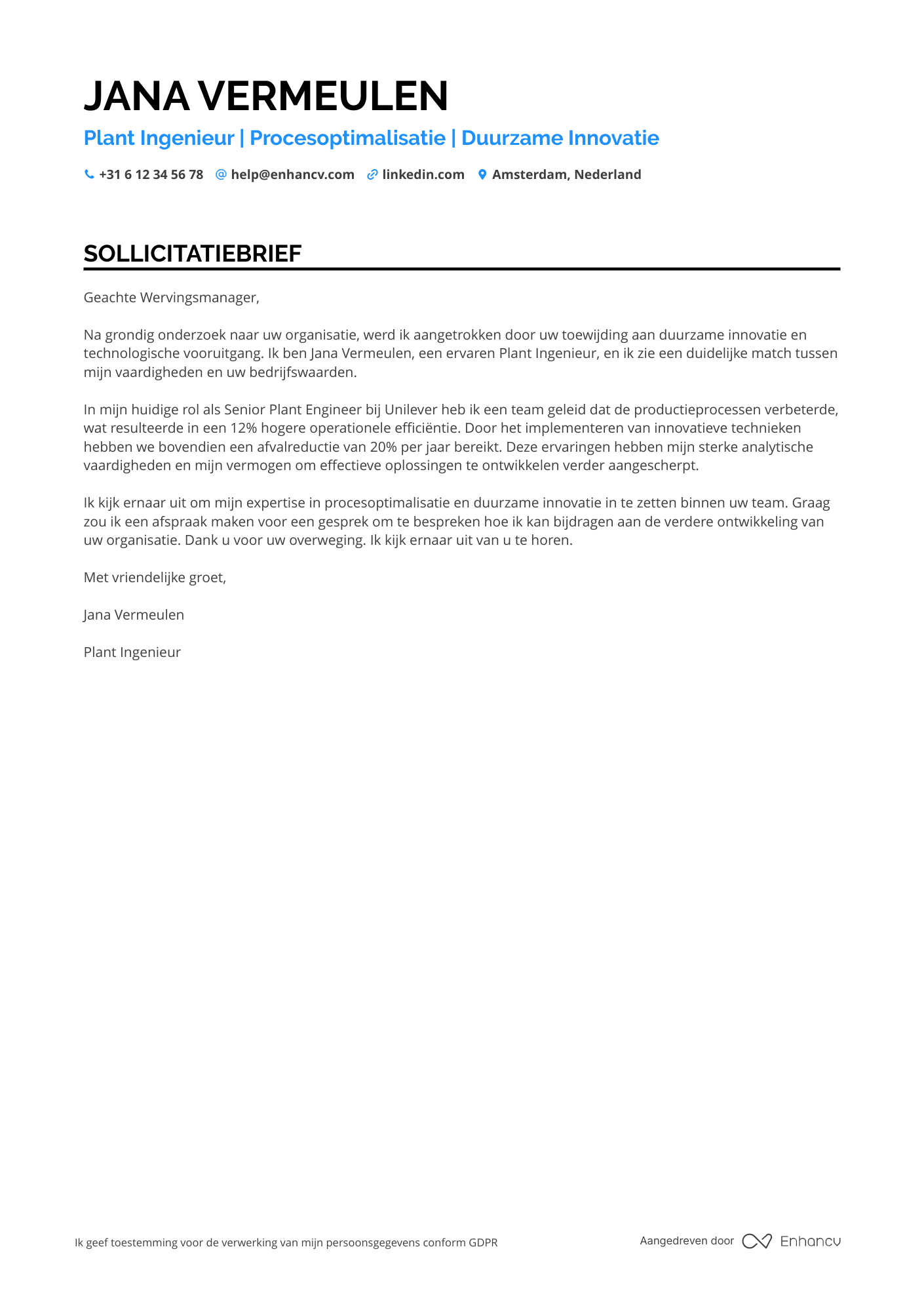 Sollicitatiebrief voor Plant ingenieur