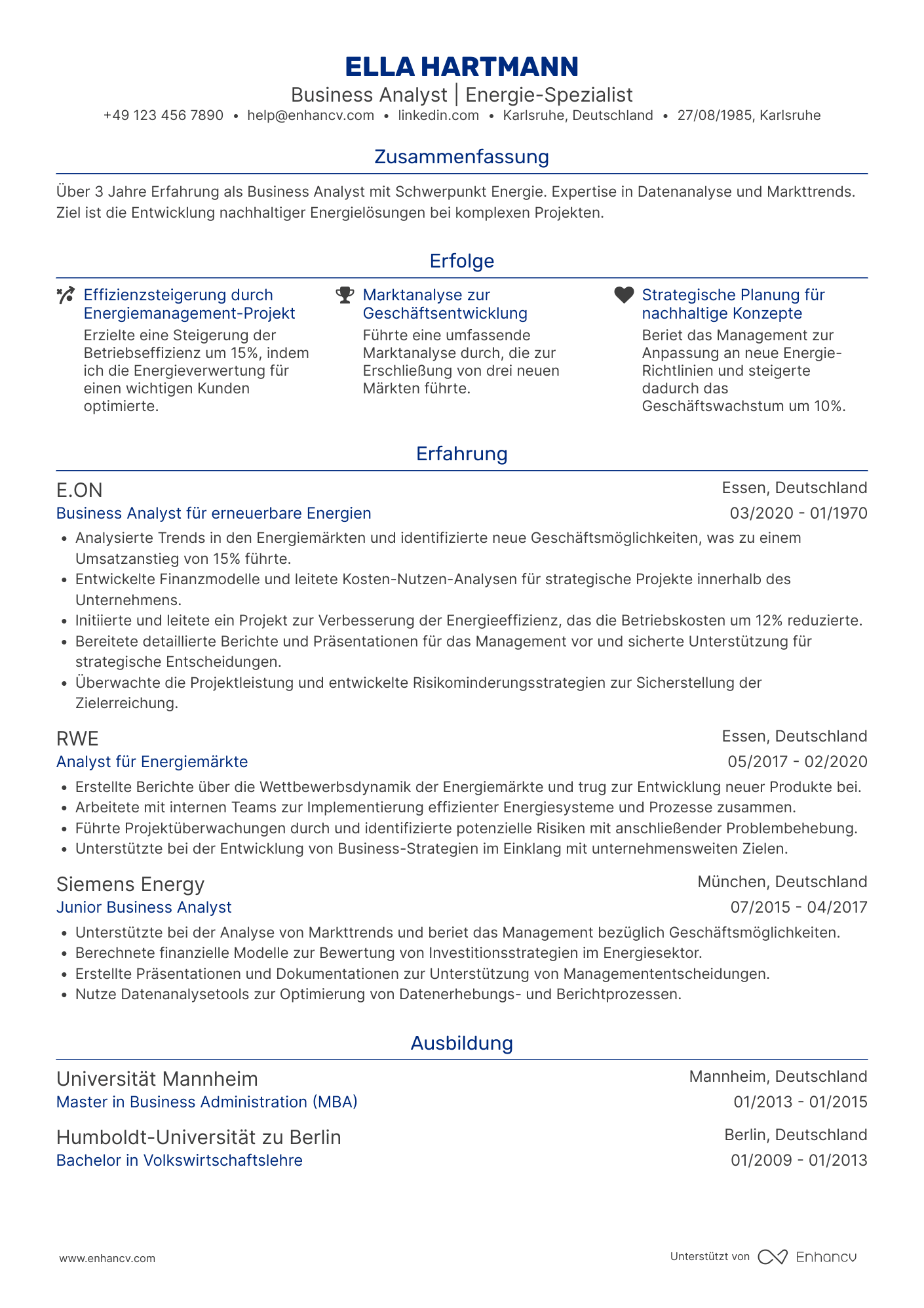 Lebenslauf in Business Analyst für Energie