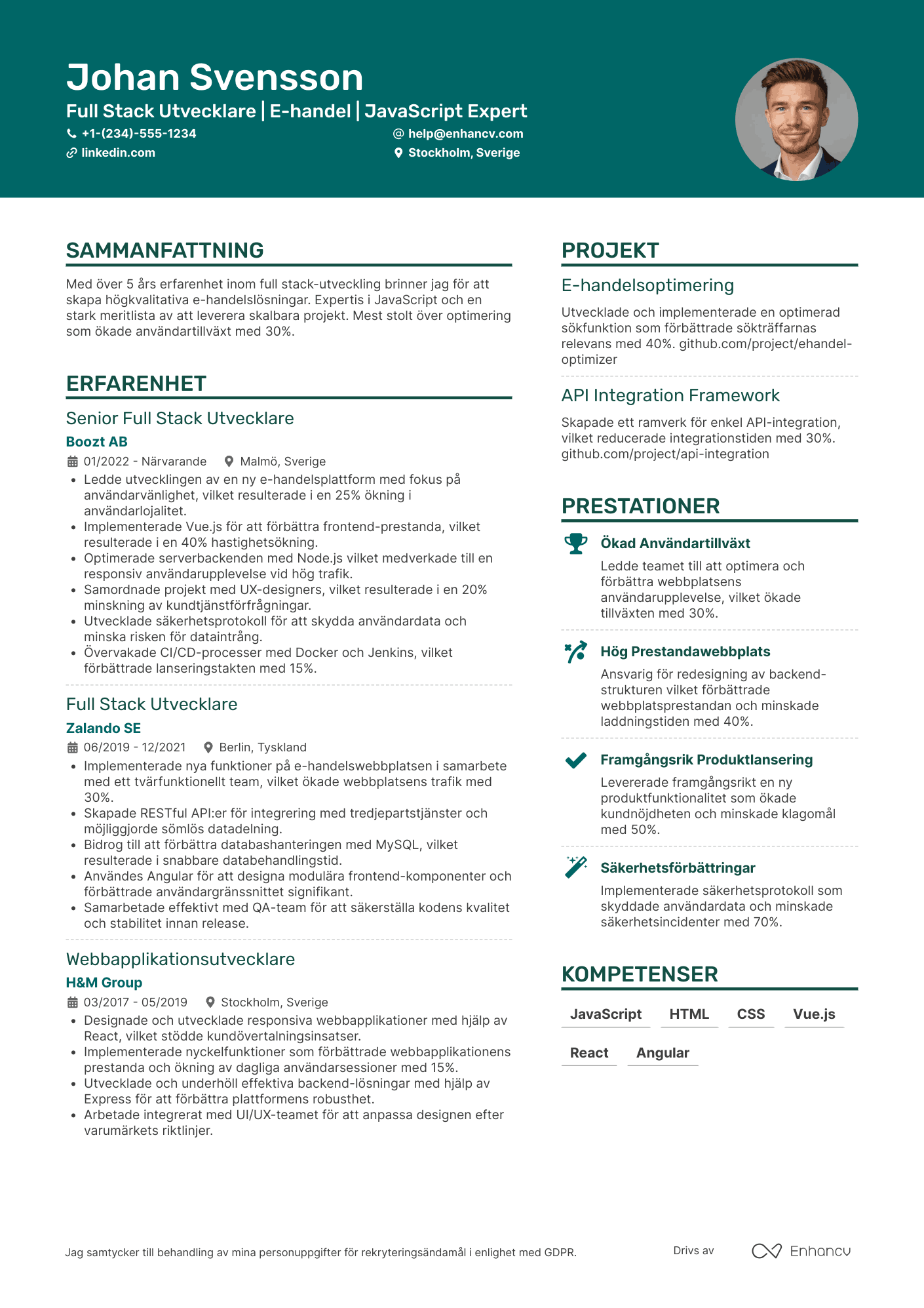 CV för Full Stack Utvecklare E handel