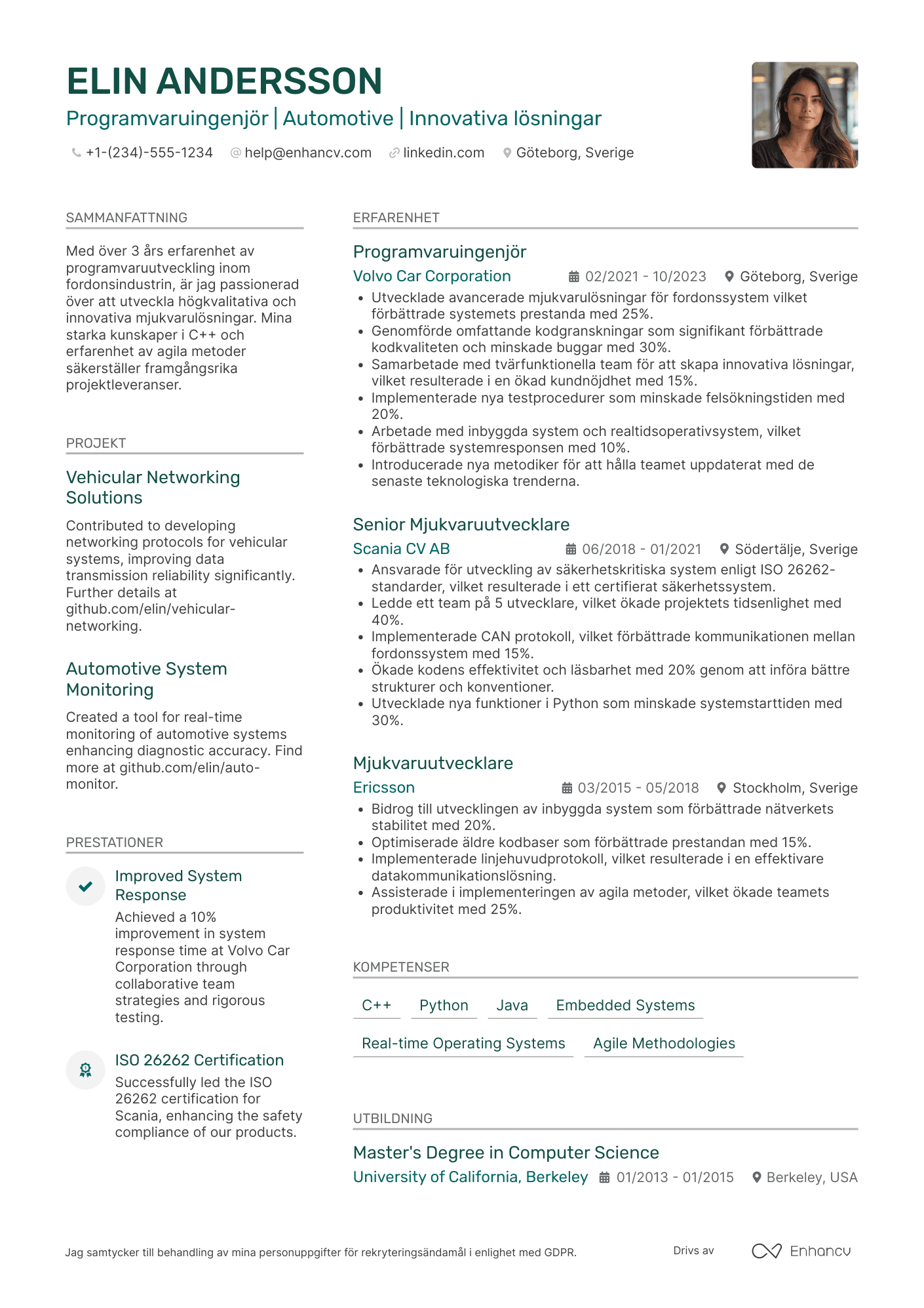 CV för Programvaruingenjör inom automotive