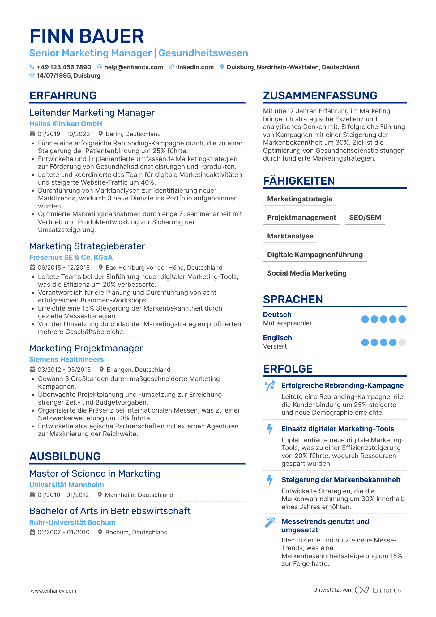 Lebenslauf in Marketing Manager im Gesundheitswesen