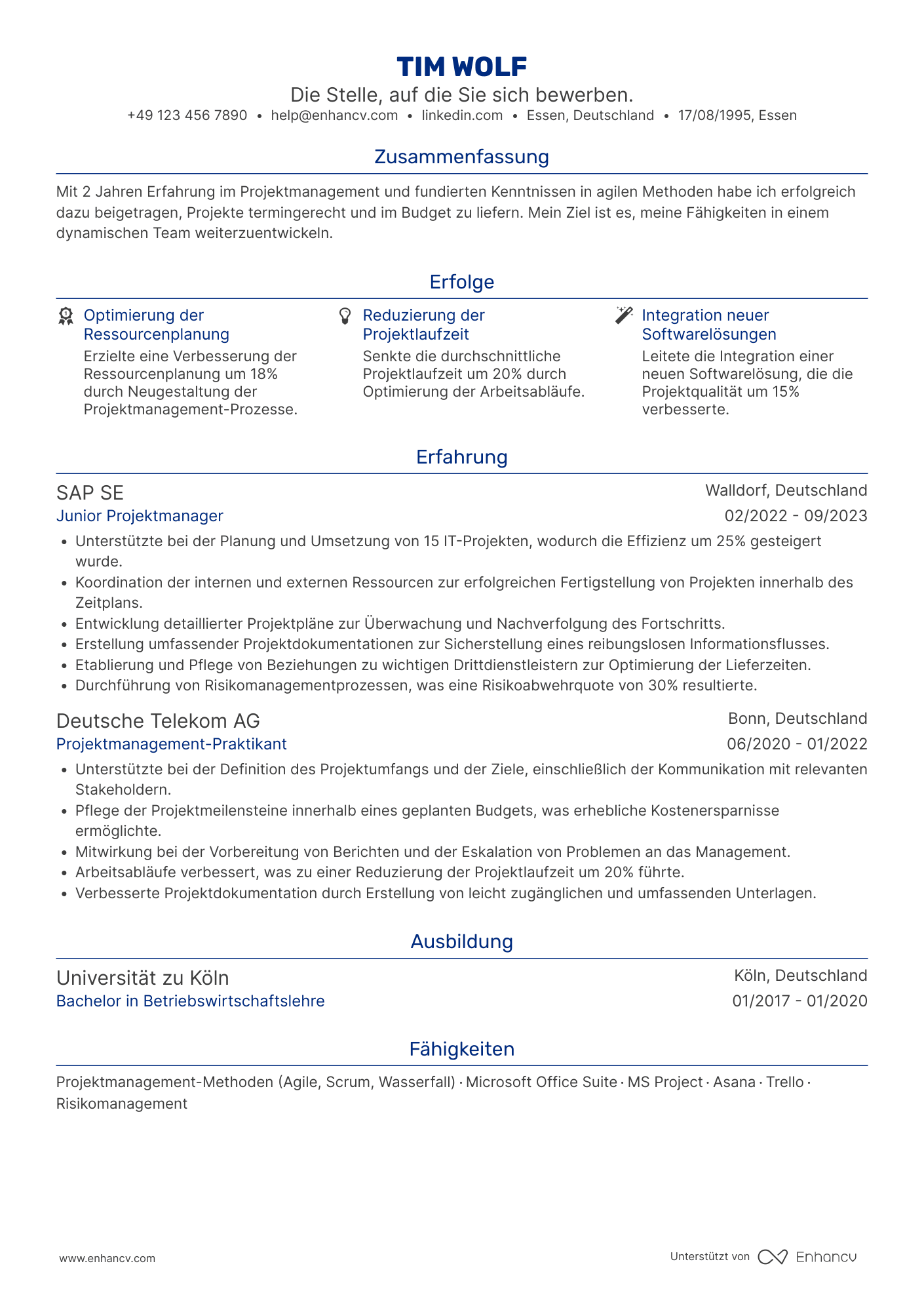 Lebenslauf als Junior Projektmanager