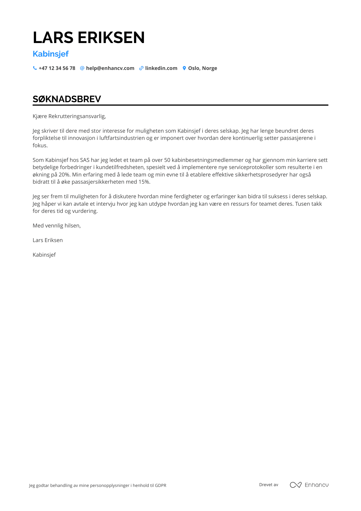 Søknadsbrev for Kabinsjef