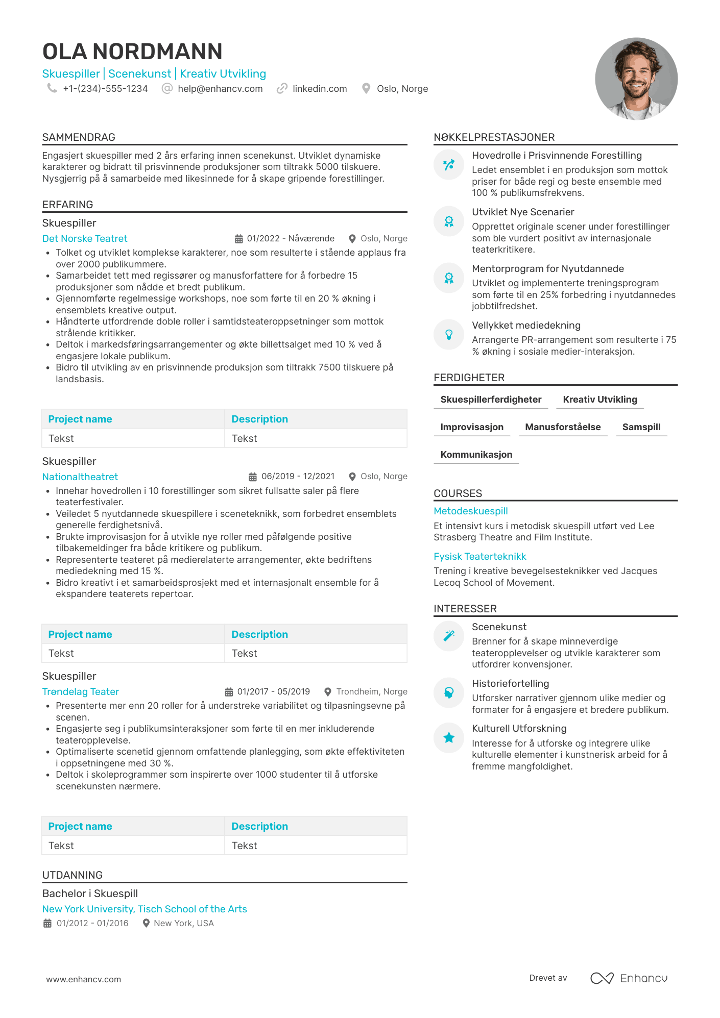 CV for Nyutdannet skuespiller