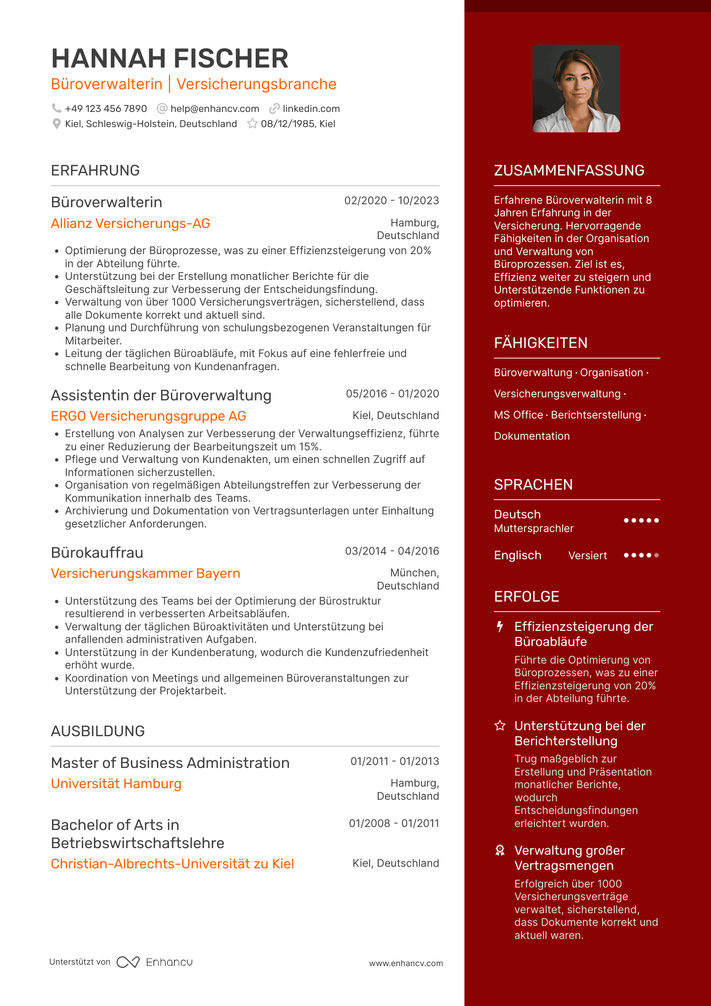 Lebenslauf in Büroverwalter für Versicherungsbranche