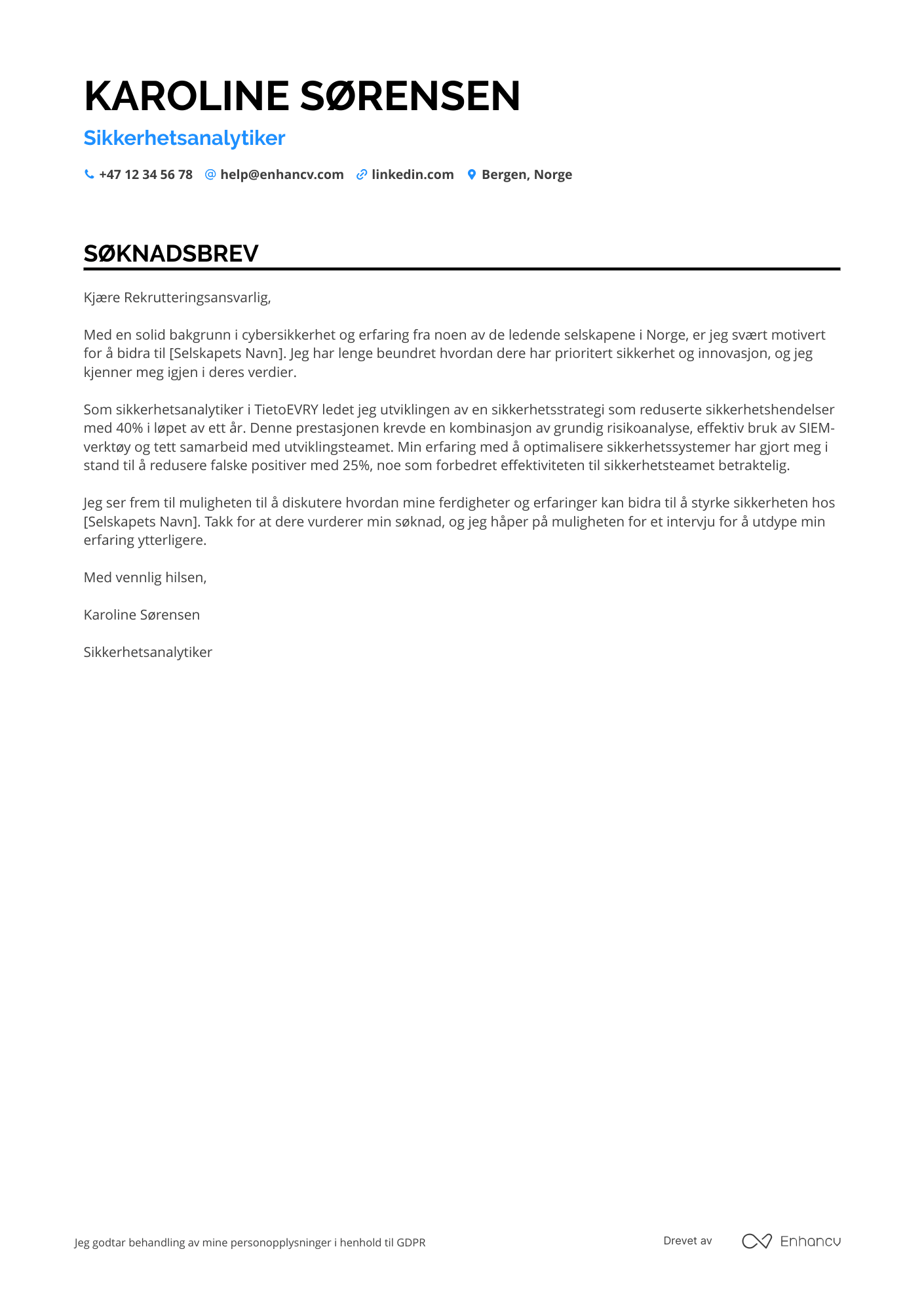 Søknadsbrev for Sikkerhetsanalytiker