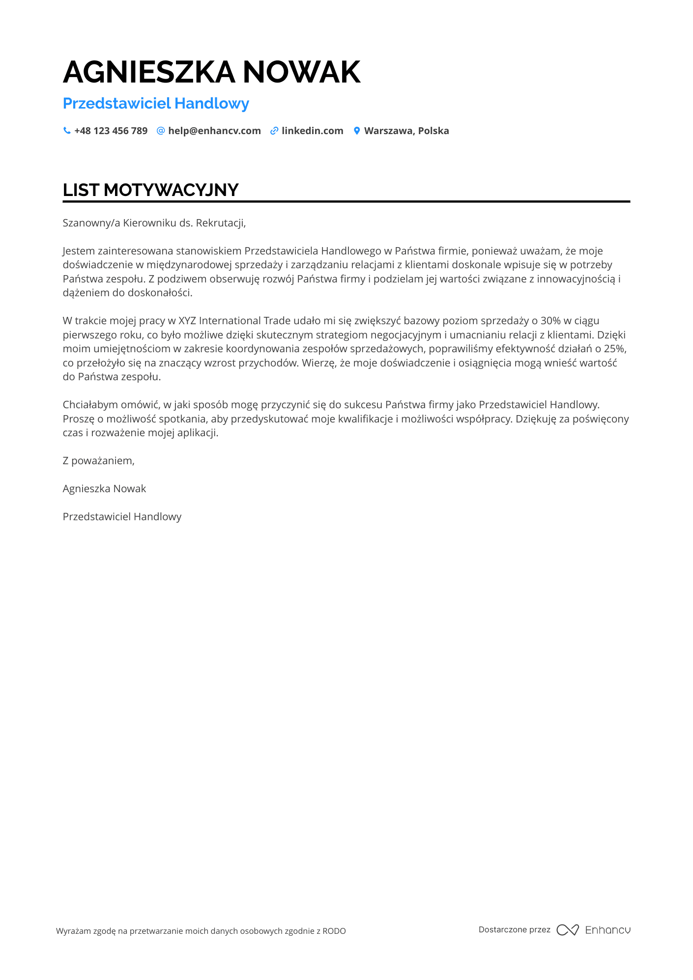List motywacyjny dla Przedstawiciel Handlowy ds. Nowych Rynków