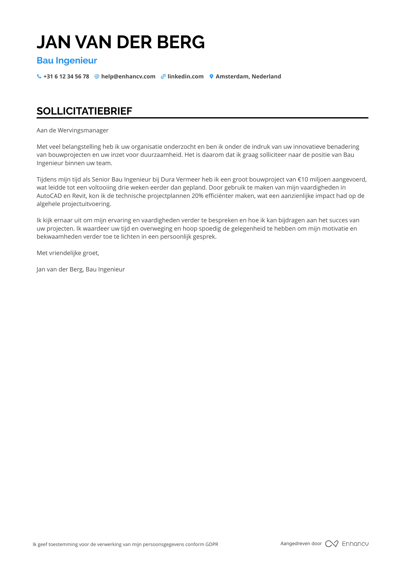 Sollicitatiebrief voor Bau ingenieur