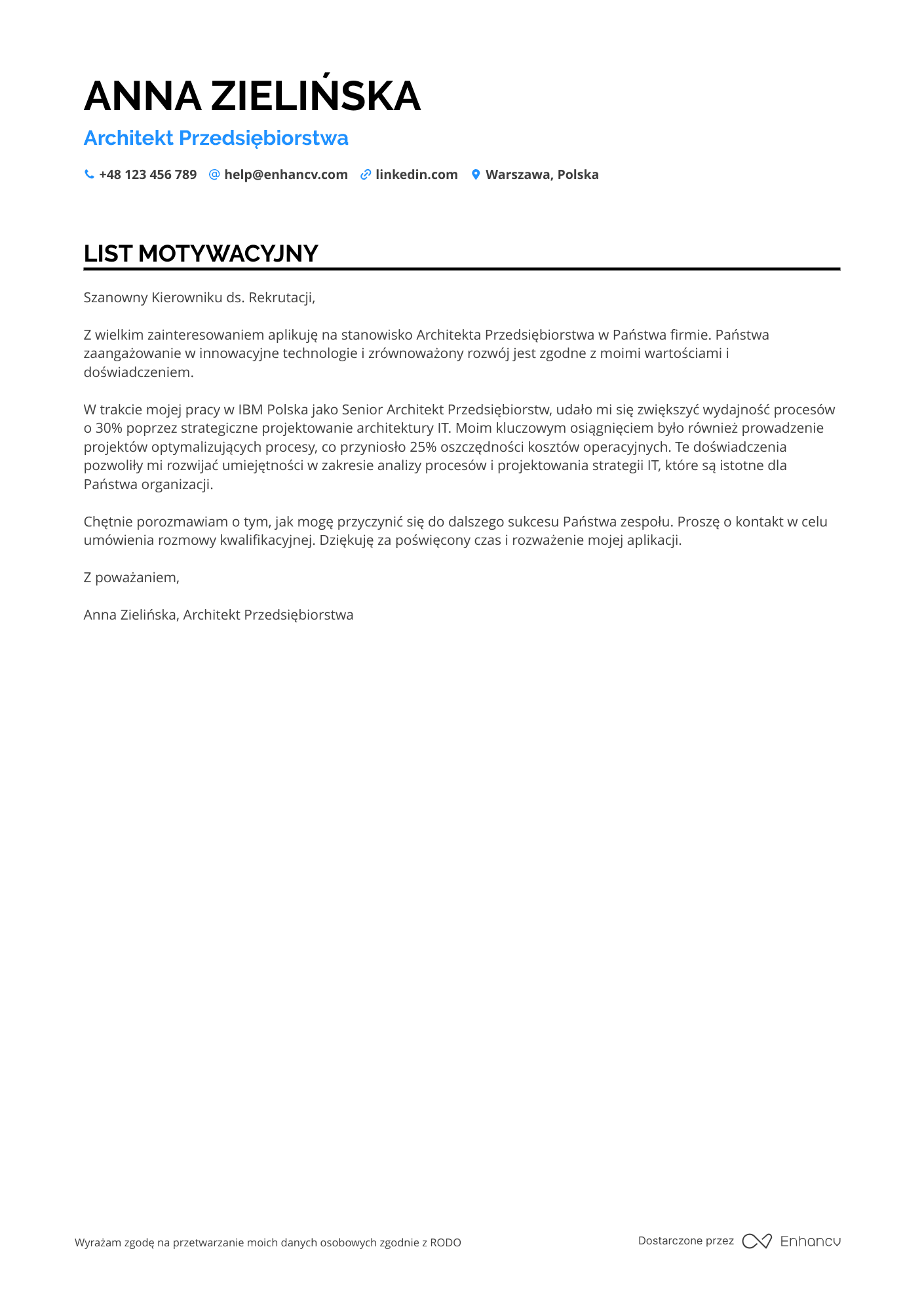 List motywacyjny dla Architekt przedsiębiorstw