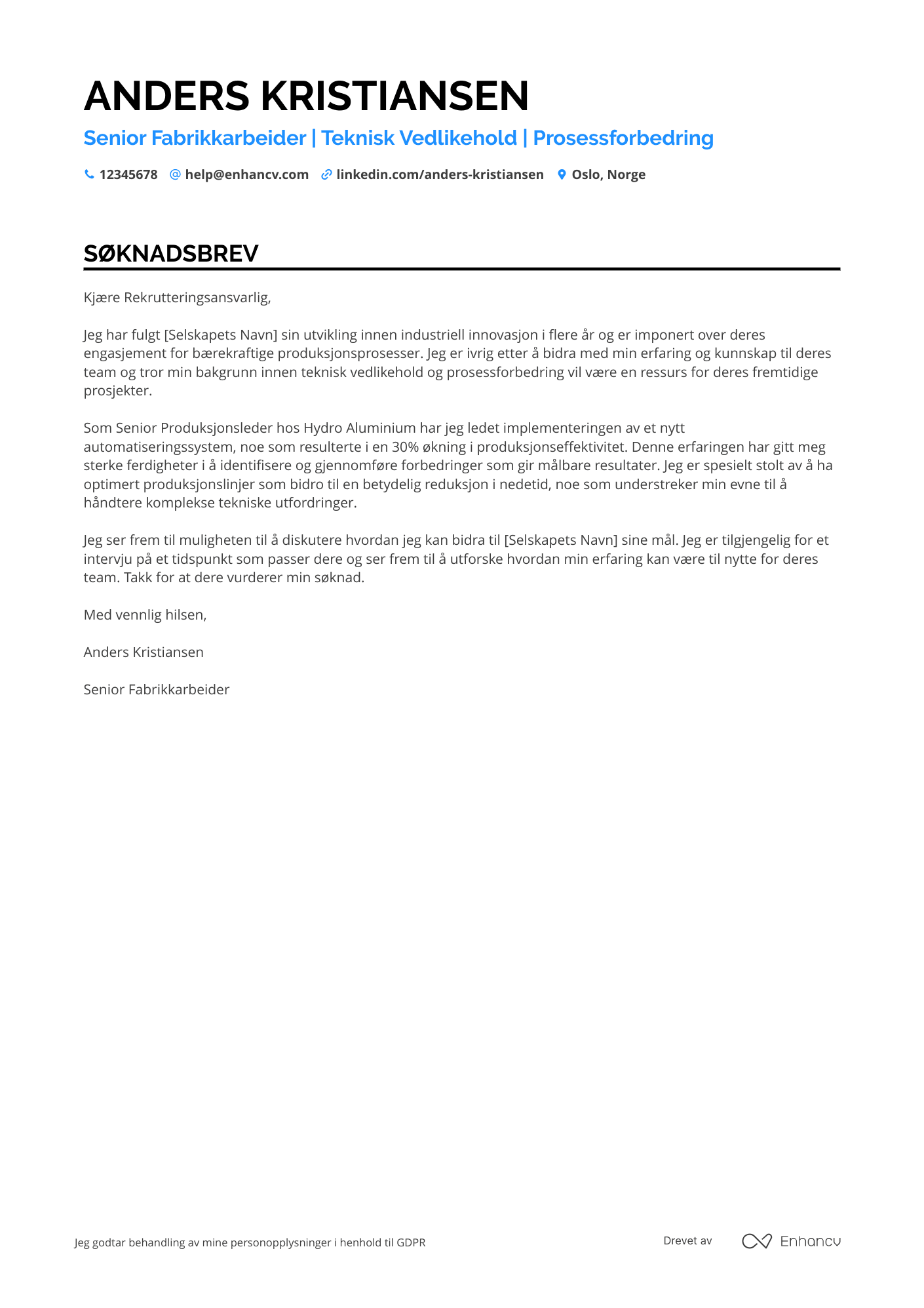Søknadsbrev for Senior Fabrikkarbeider