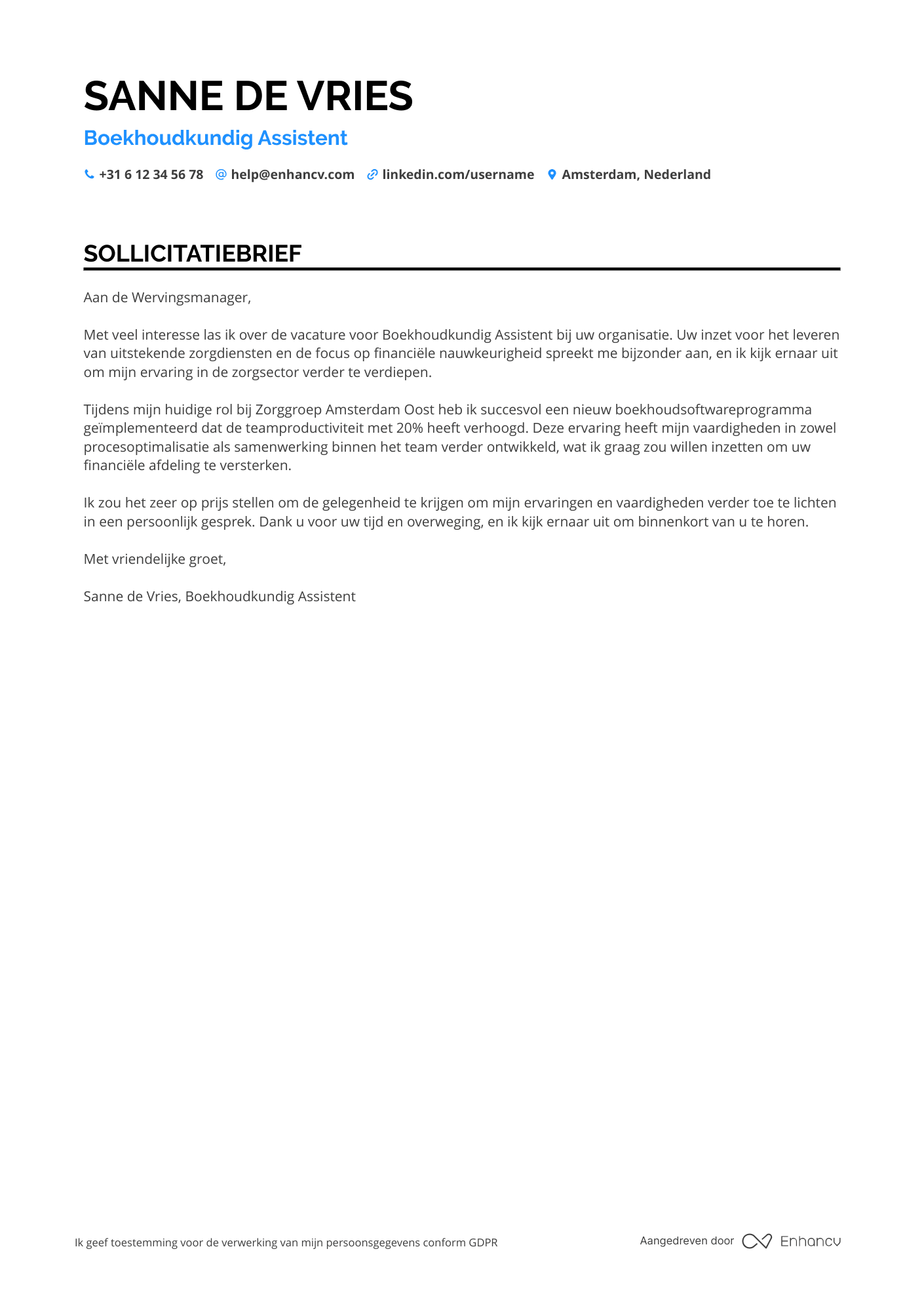 Sollicitatiebrief voor Boekhoudkundig Assistent in de Zorg
