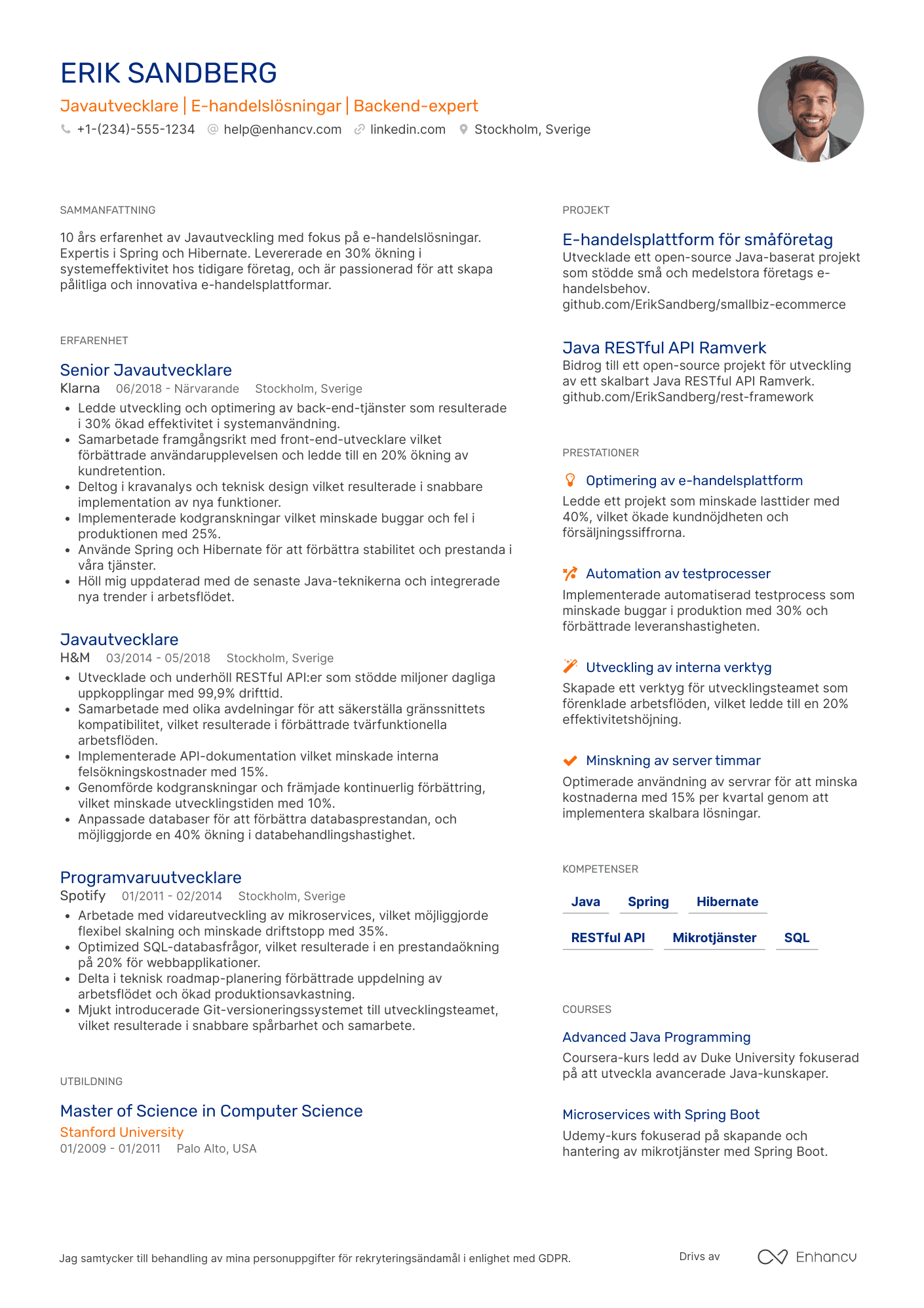 CV för Javautvecklare inom e handelslösningar