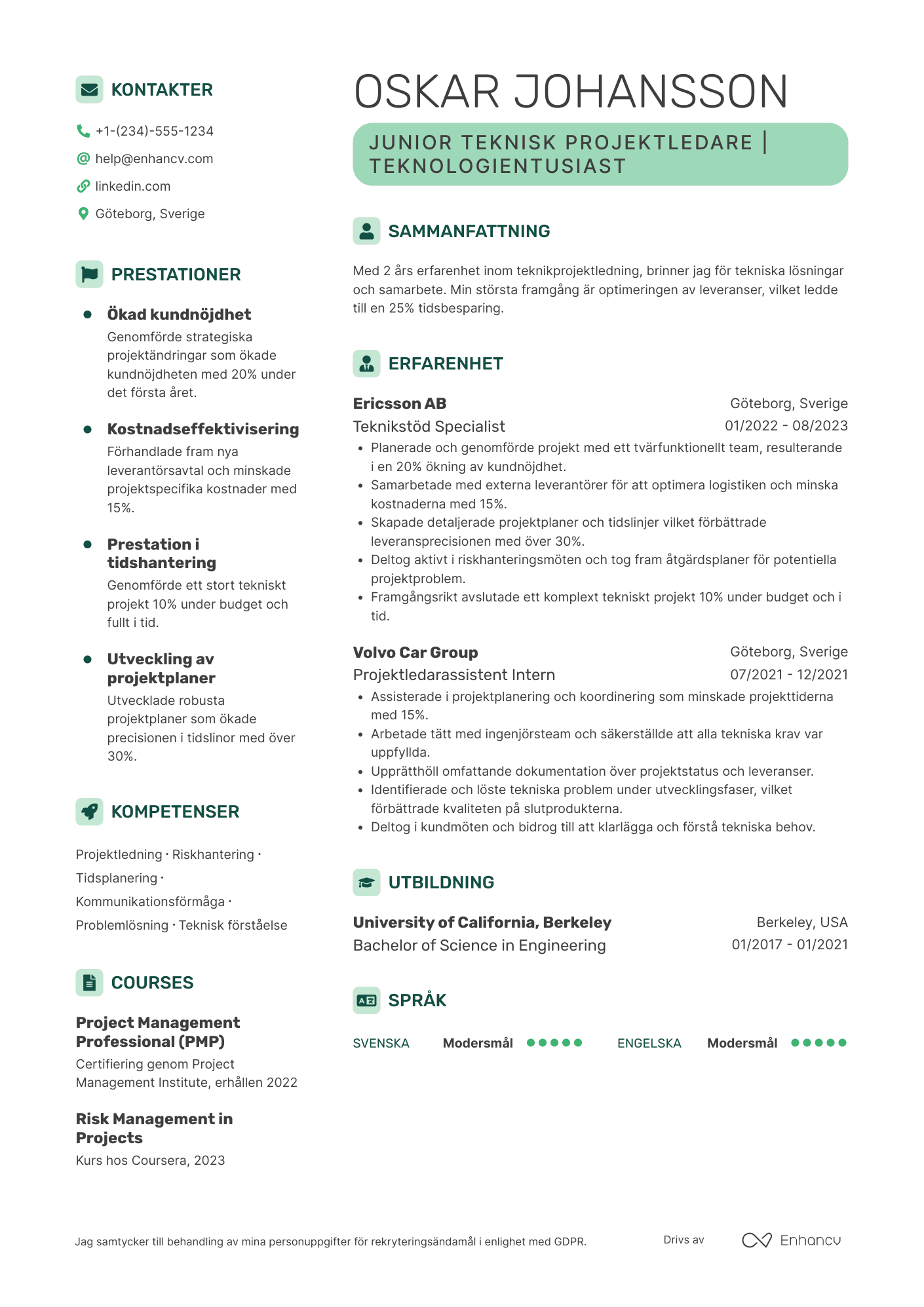 CV för Junior teknisk projektledare