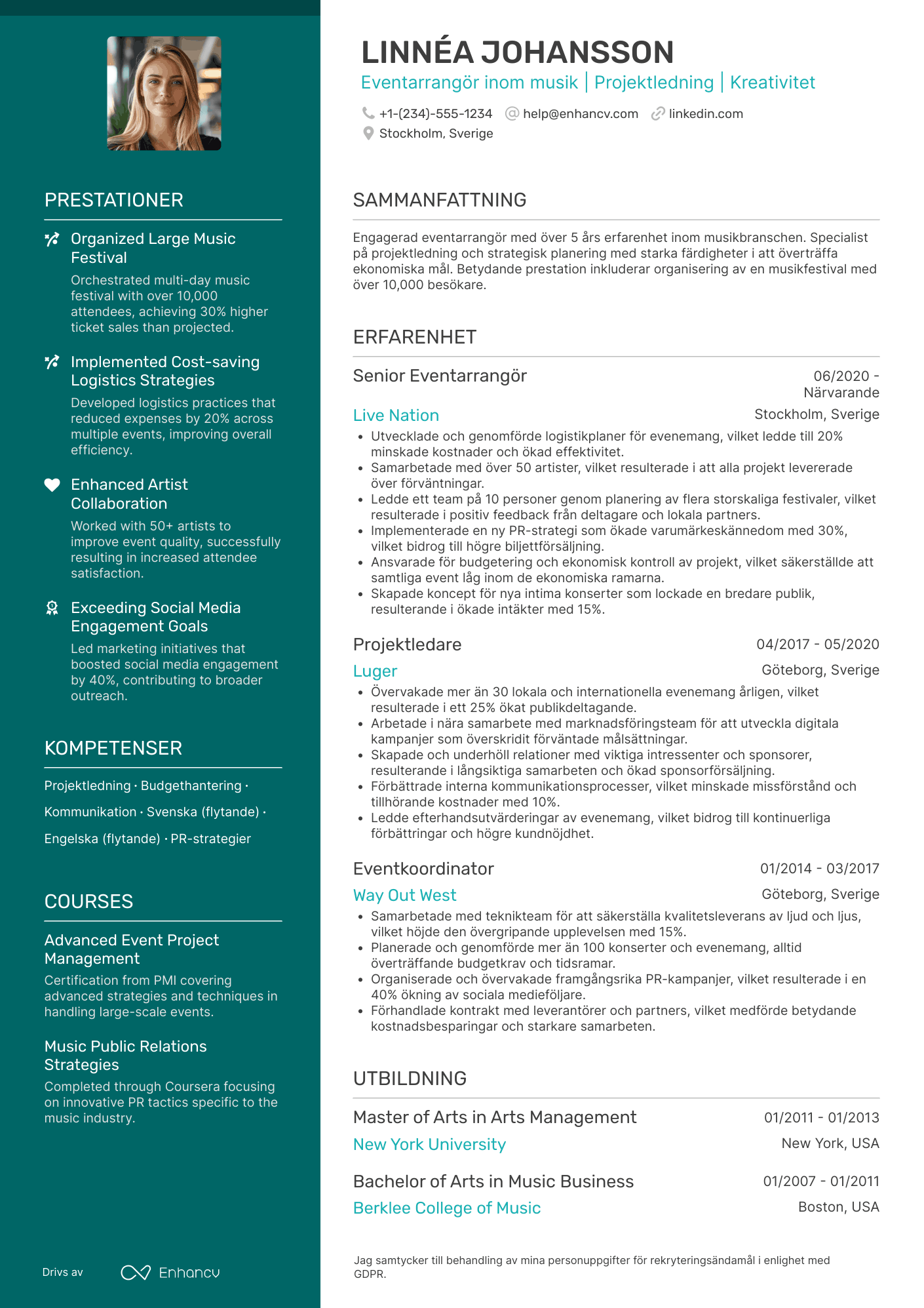 CV för Eventarrangör inom musik