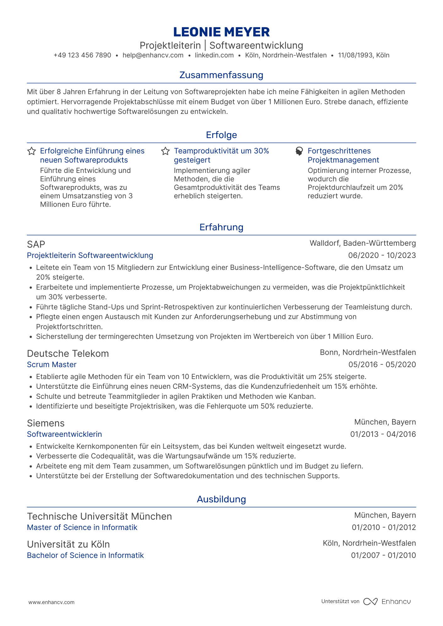 Lebenslauf in Projektleiter in der Softwareentwicklung