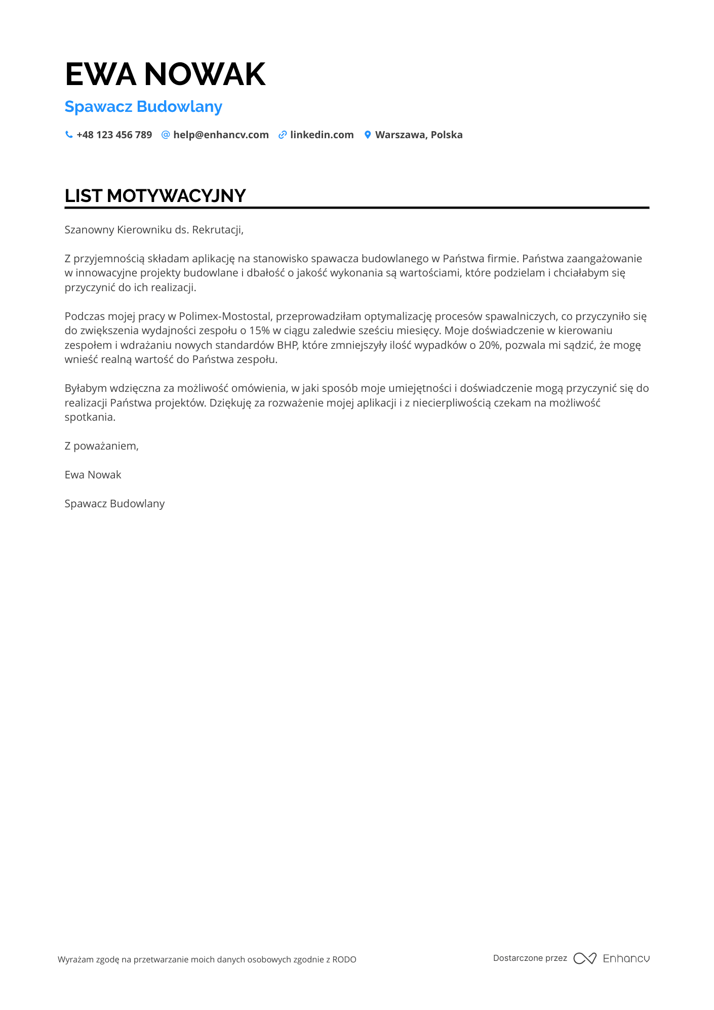 List motywacyjny dla Spawacz budowlany