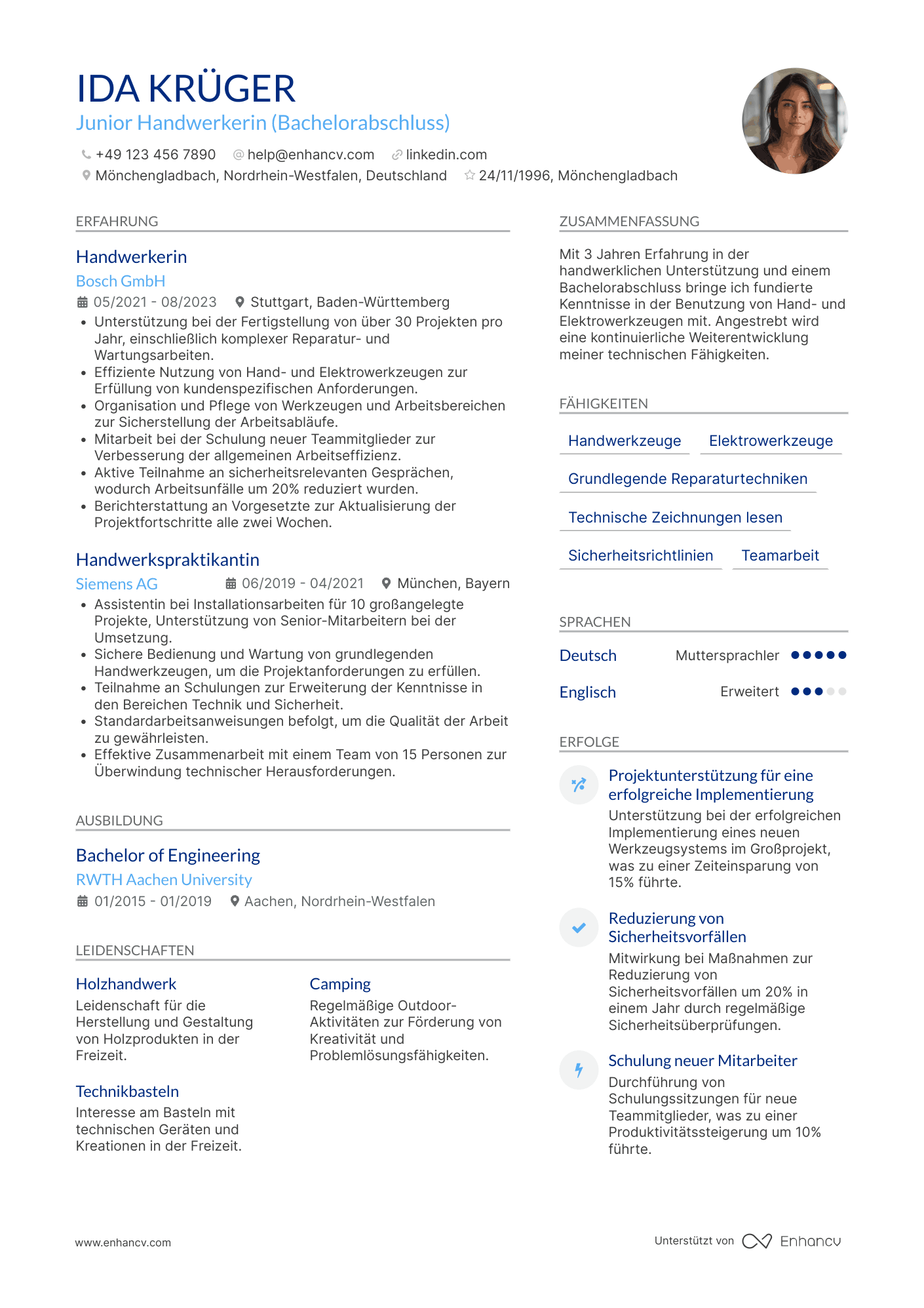 Lebenslauf als Junior Handwerker