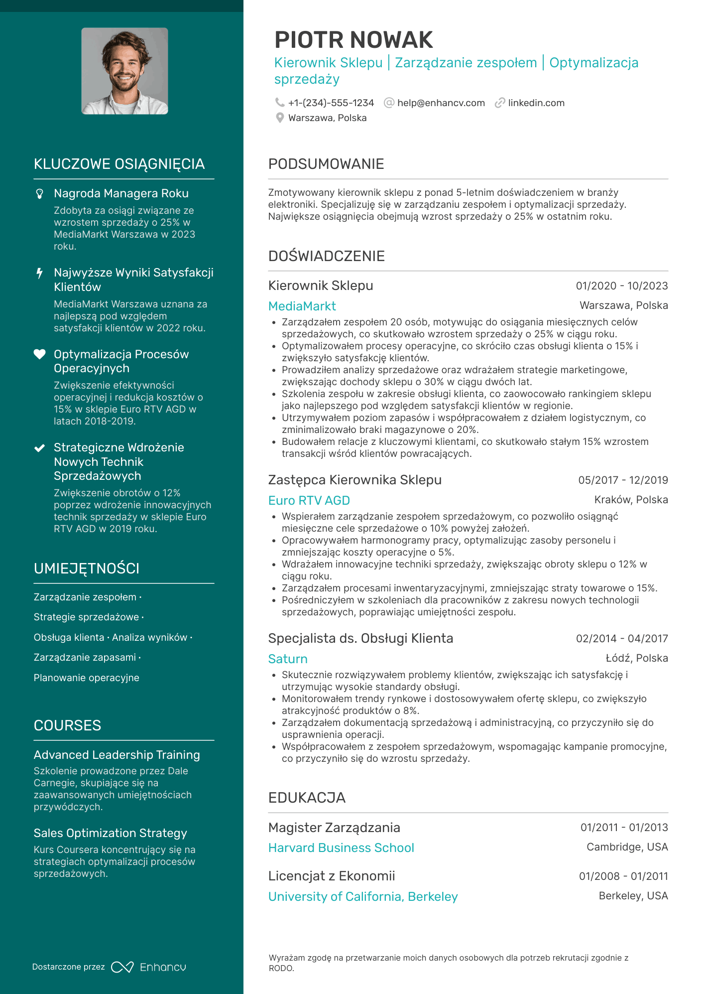 CV dla Kierownik Sklepu Z Elektroniką