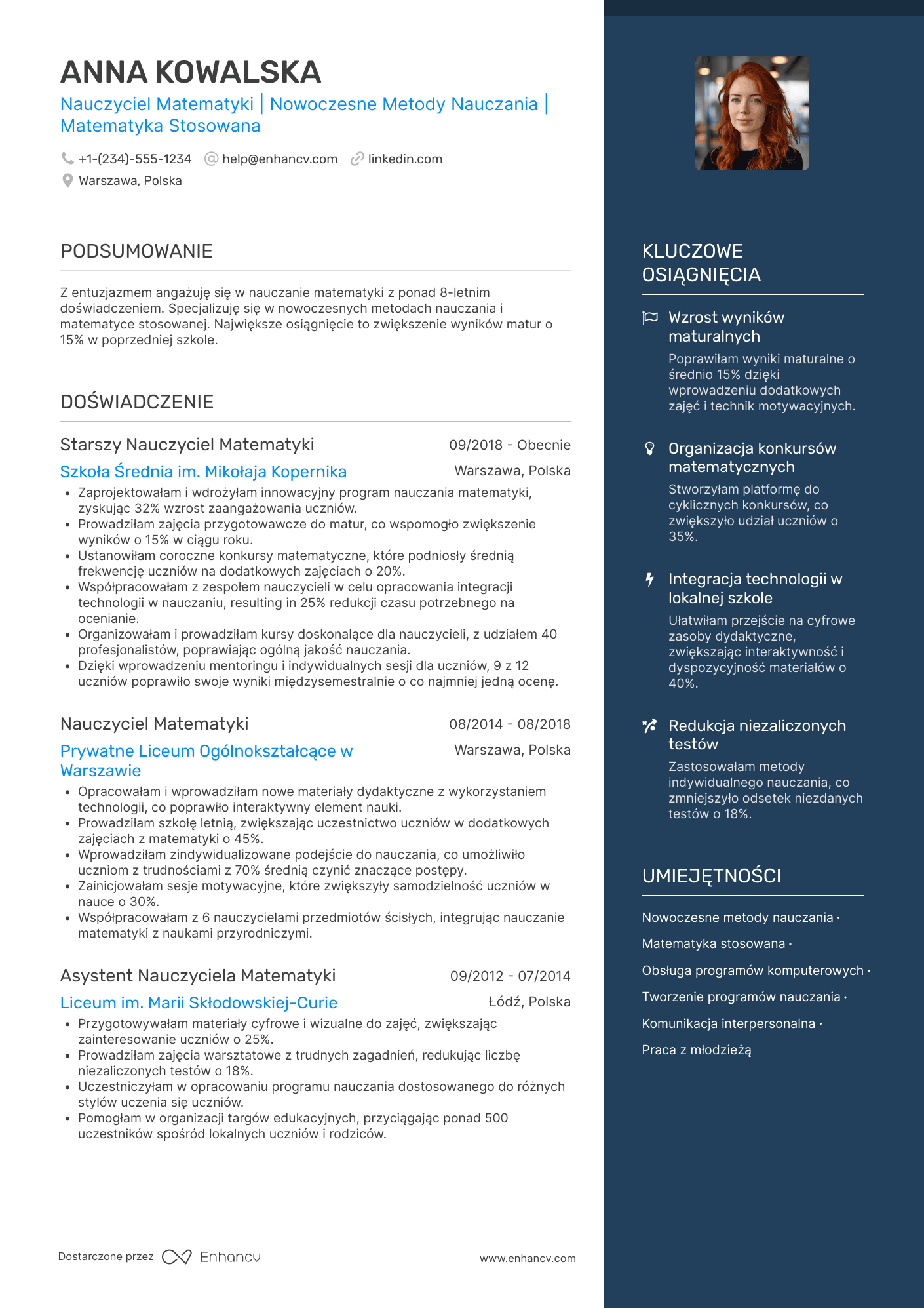 CV dla Nauczyciel Matematyki w Szkole Średniej