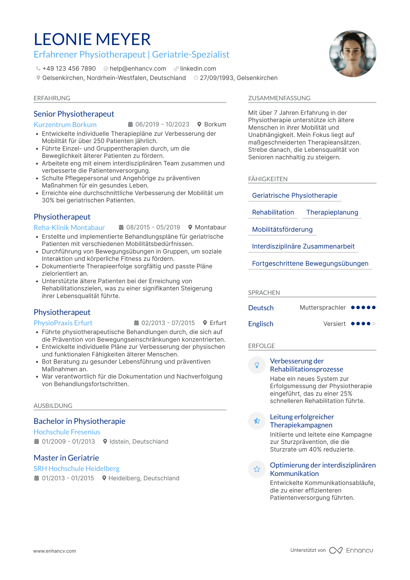 Lebenslauf als Physiotherapeut in der Geriatrie