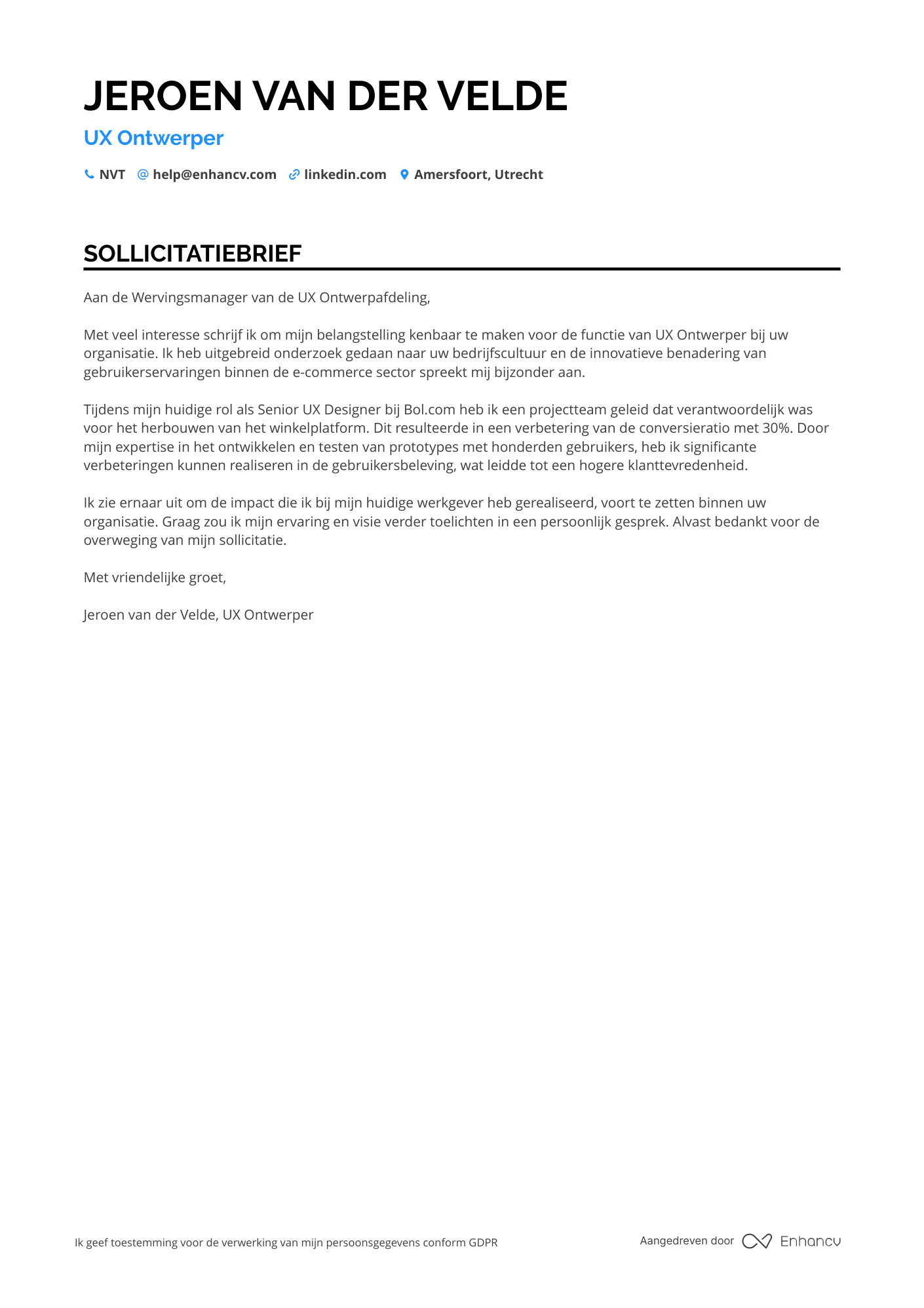 Sollicitatiebrief voor UX Ontwerper voor E commerce