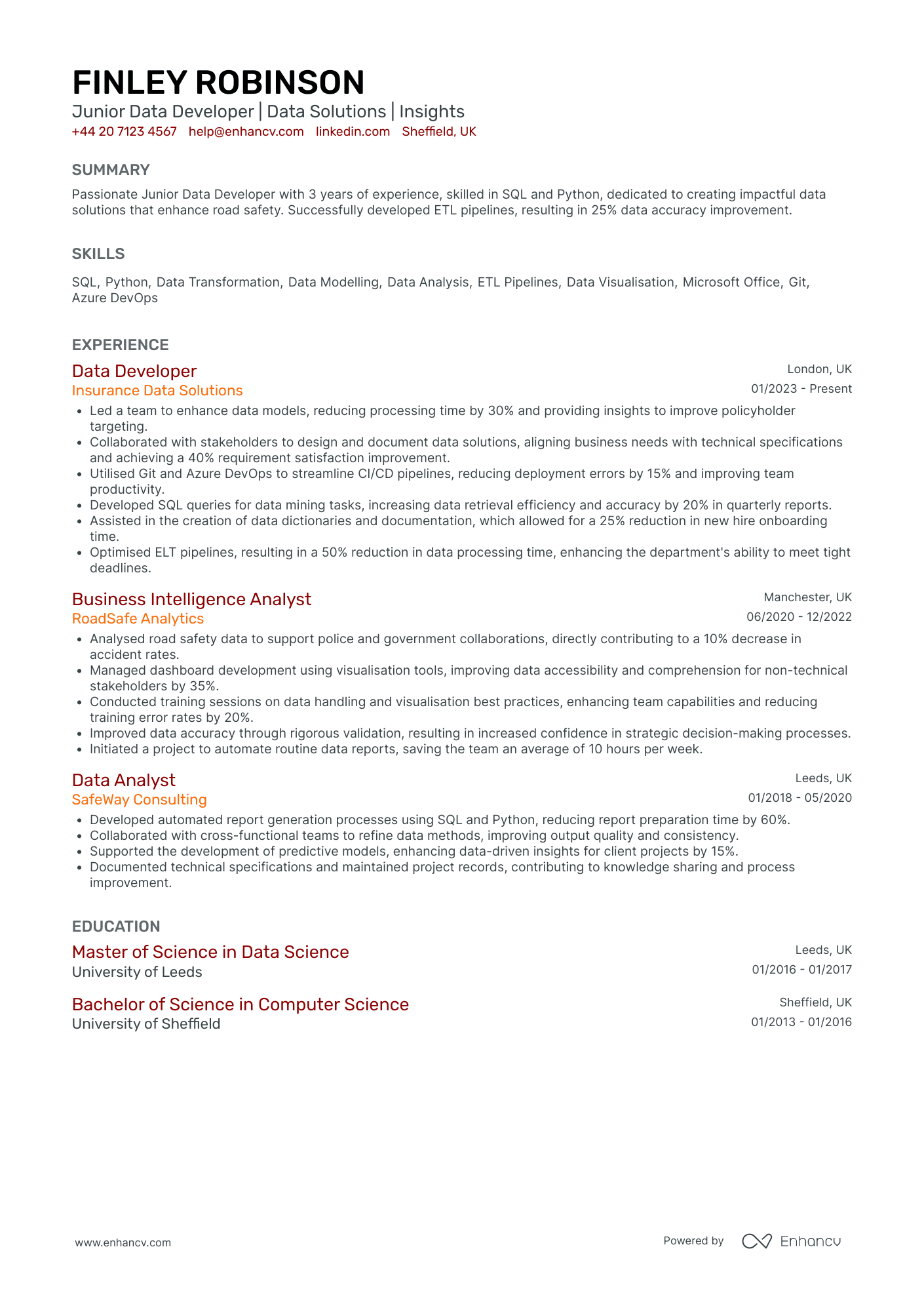 Data Developer CV Examples