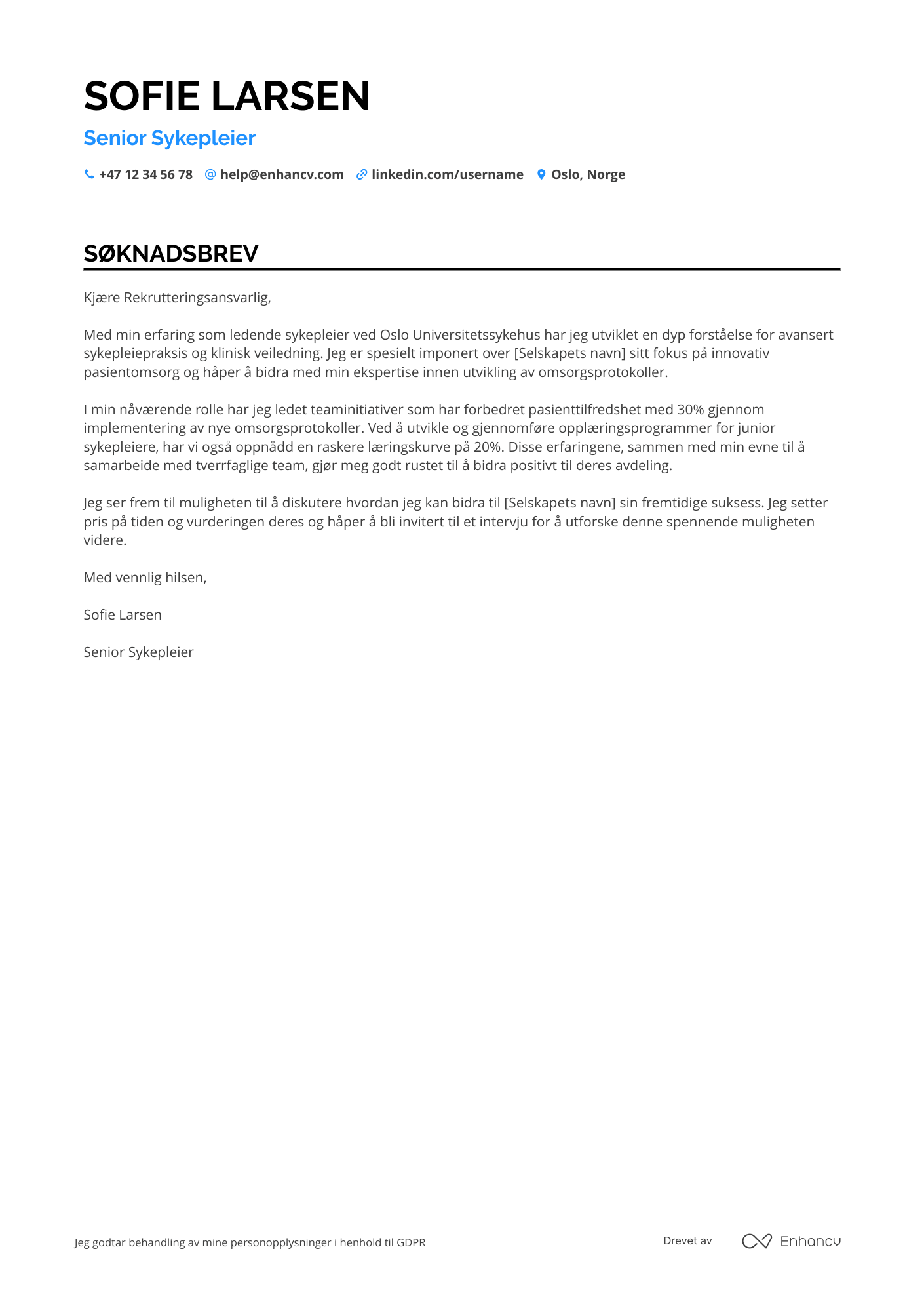 Søknadsbrev for Senior Sykepleier