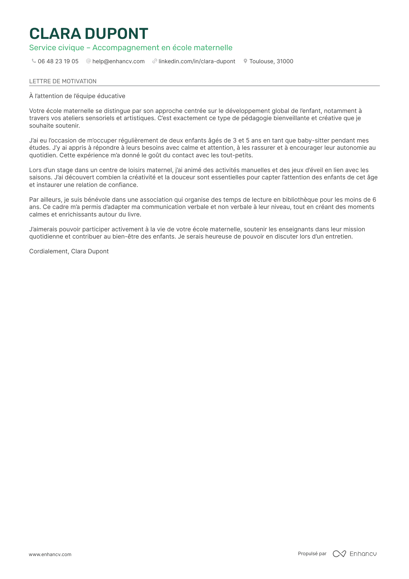 Modèle de lettre de motivation pour un service civique dans une école maternelle