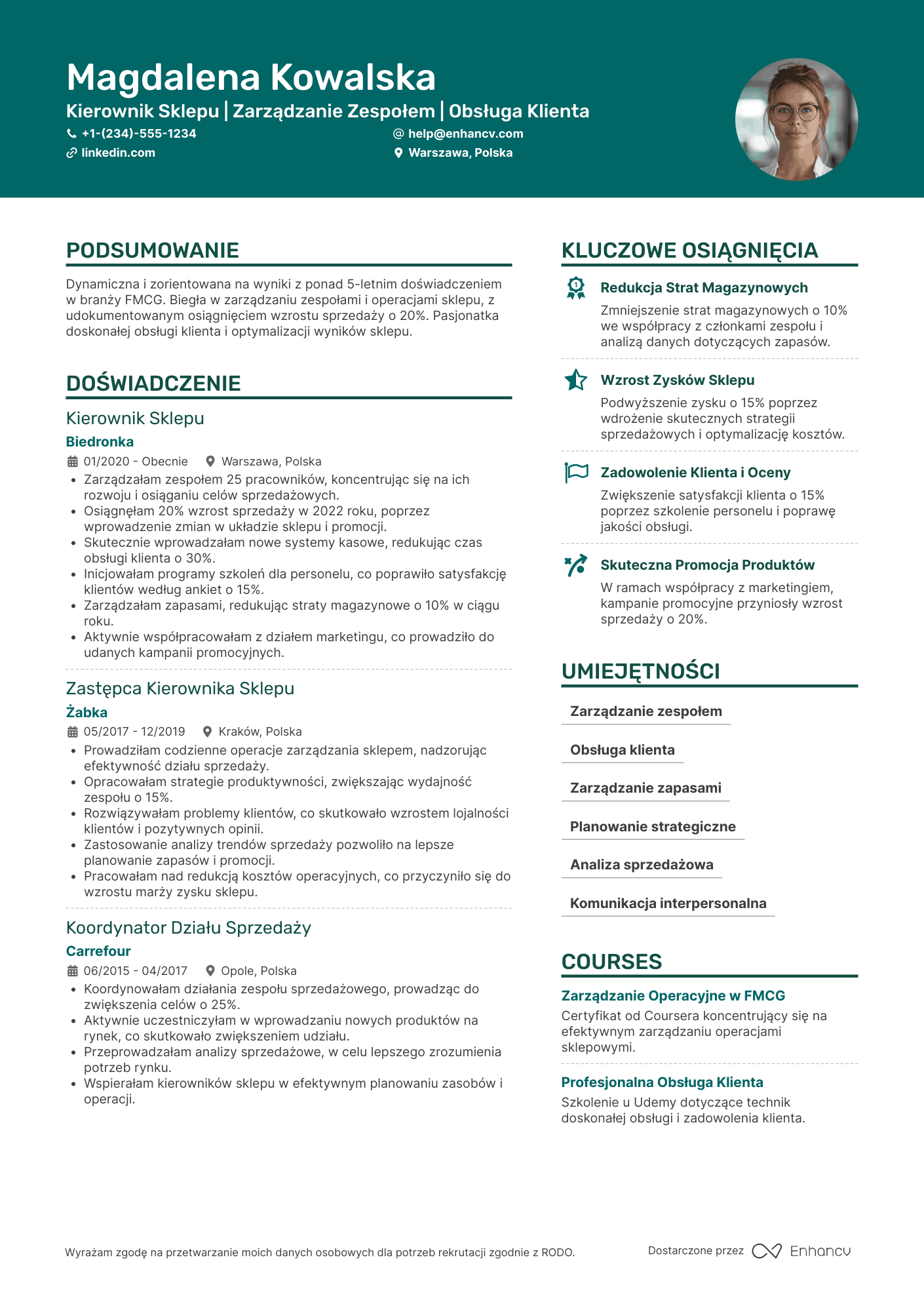 CV dla Kierownik Sklepu FMCG