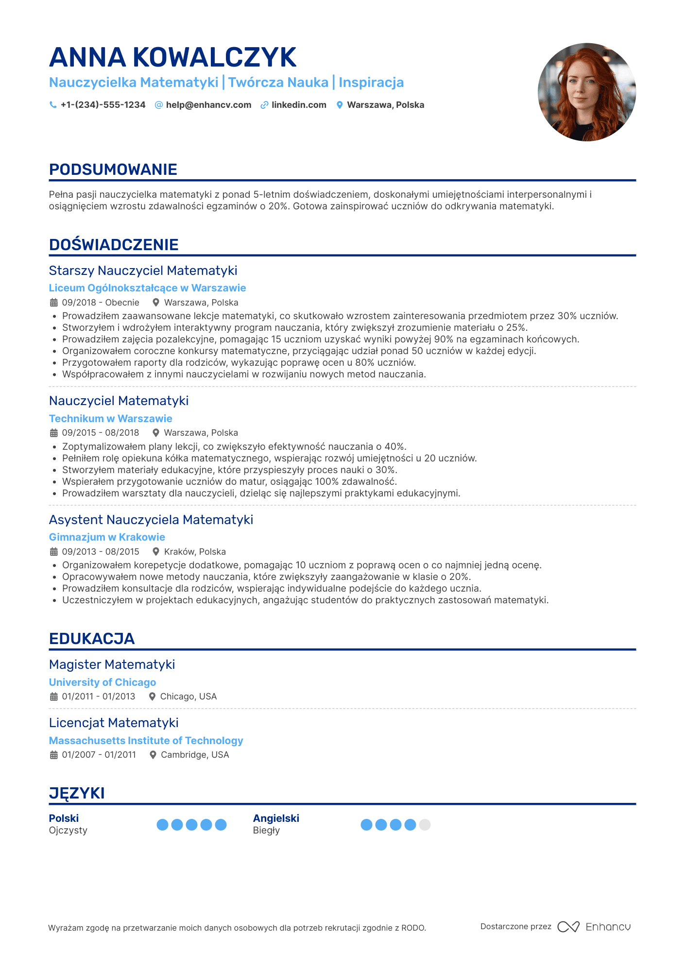 CV dla Nauczyciel Matematyki Krótkoterminowy