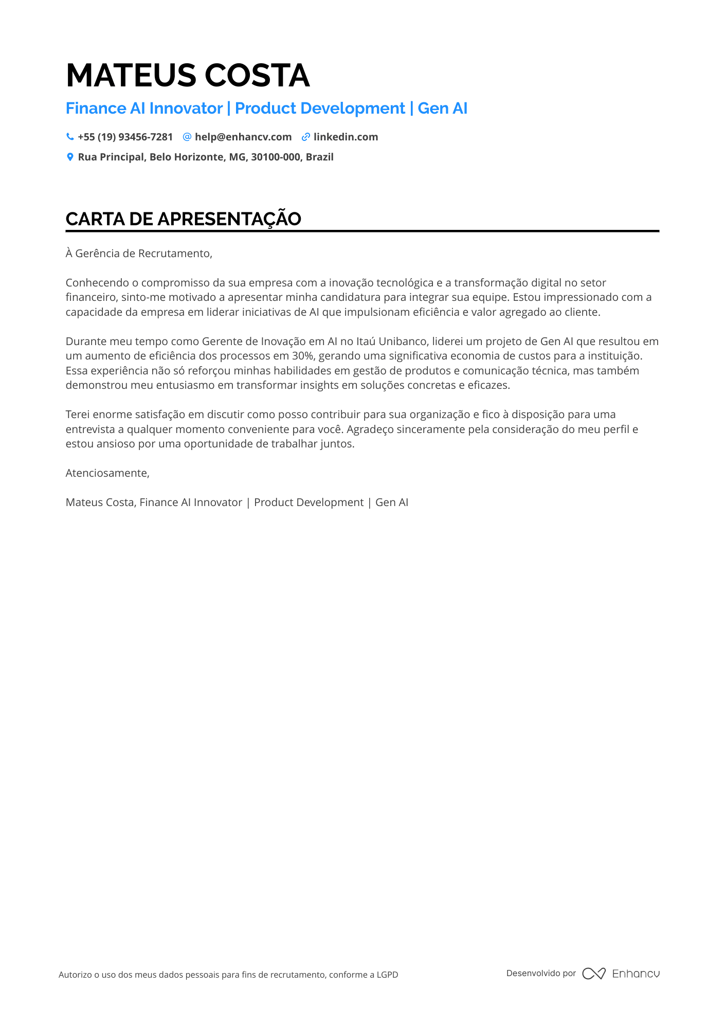 Gerente de Ciência de Dados em Finanças