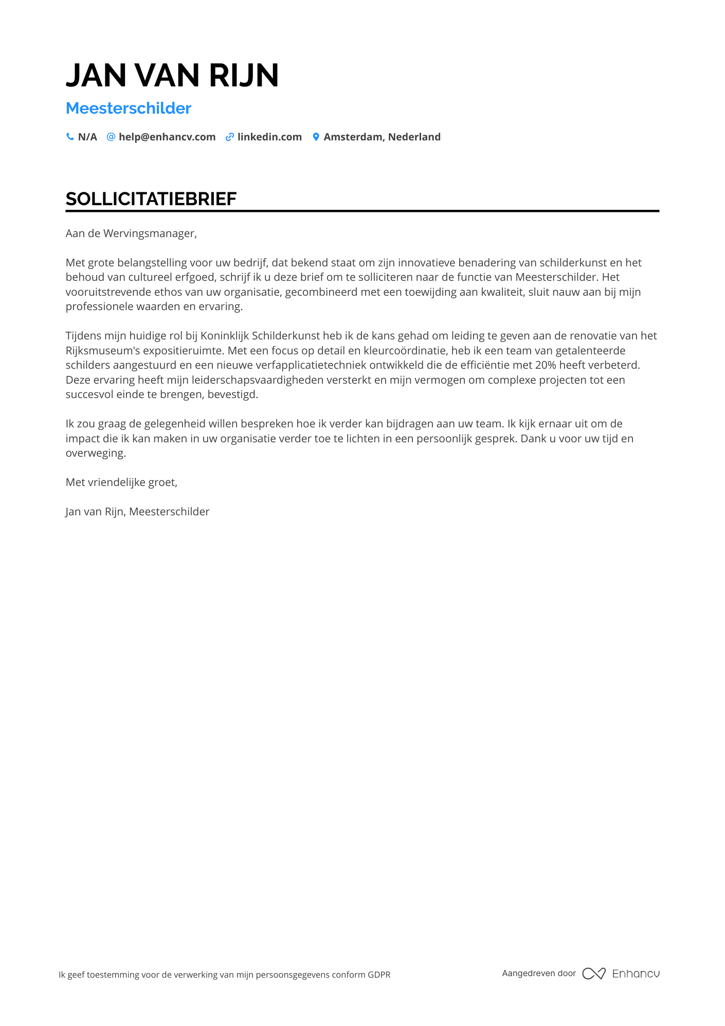 Sollicitatiebrief voor Meesterschilder