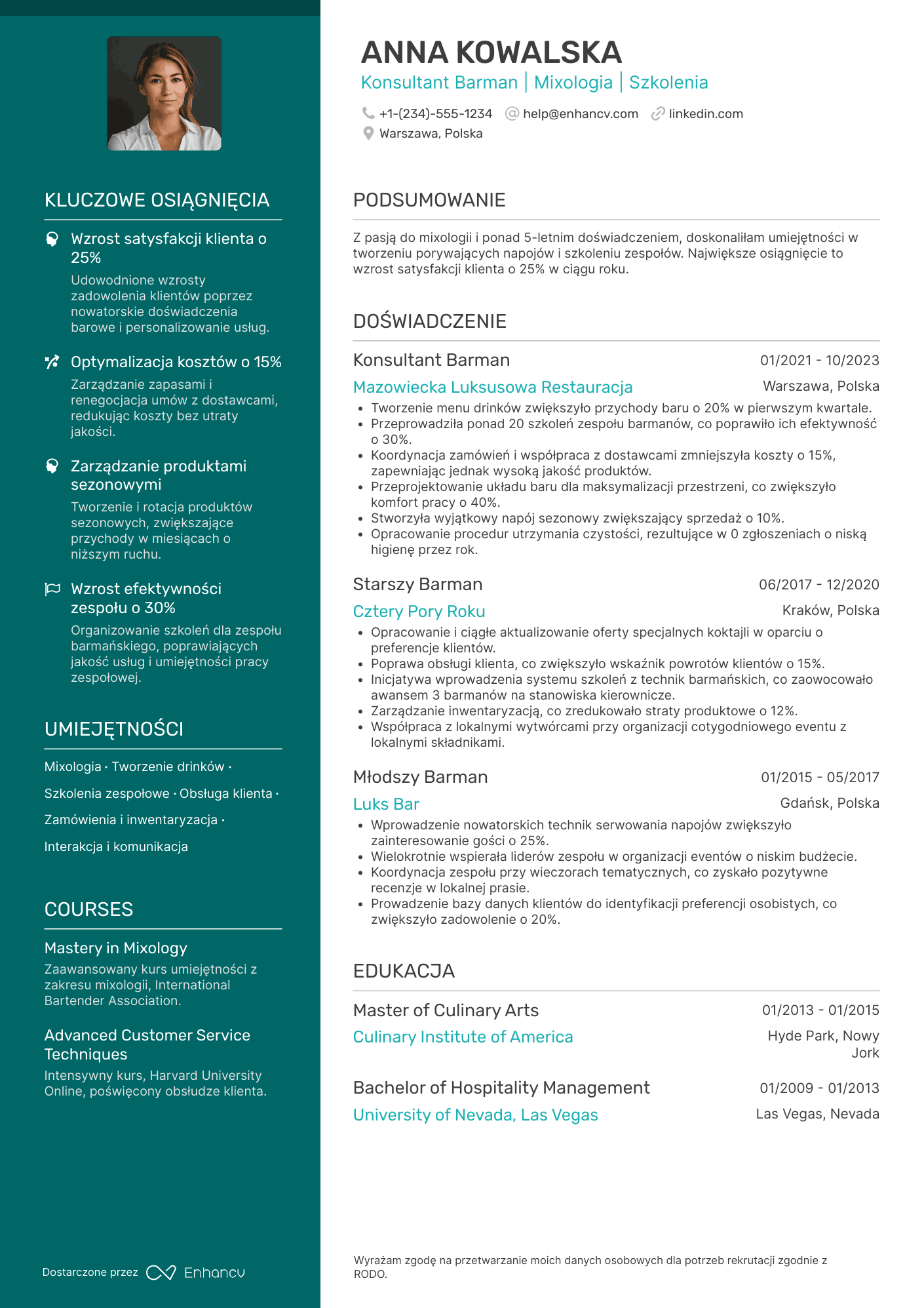 CV dla Konsultant Barman