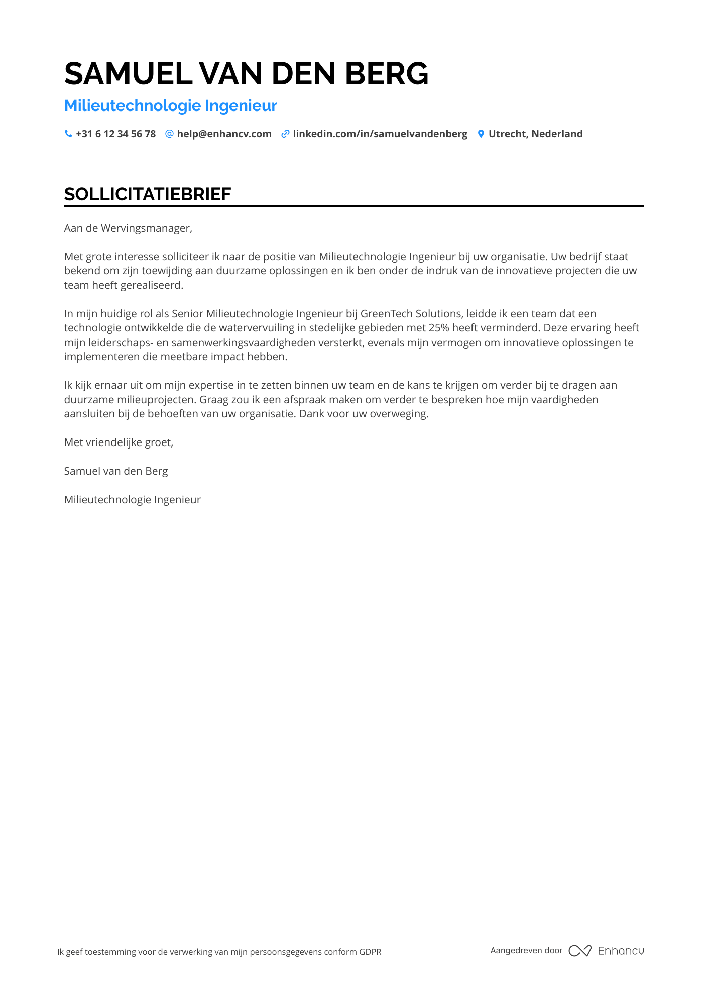Sollicitatiebrief voor Milieutechnologie ingenieur