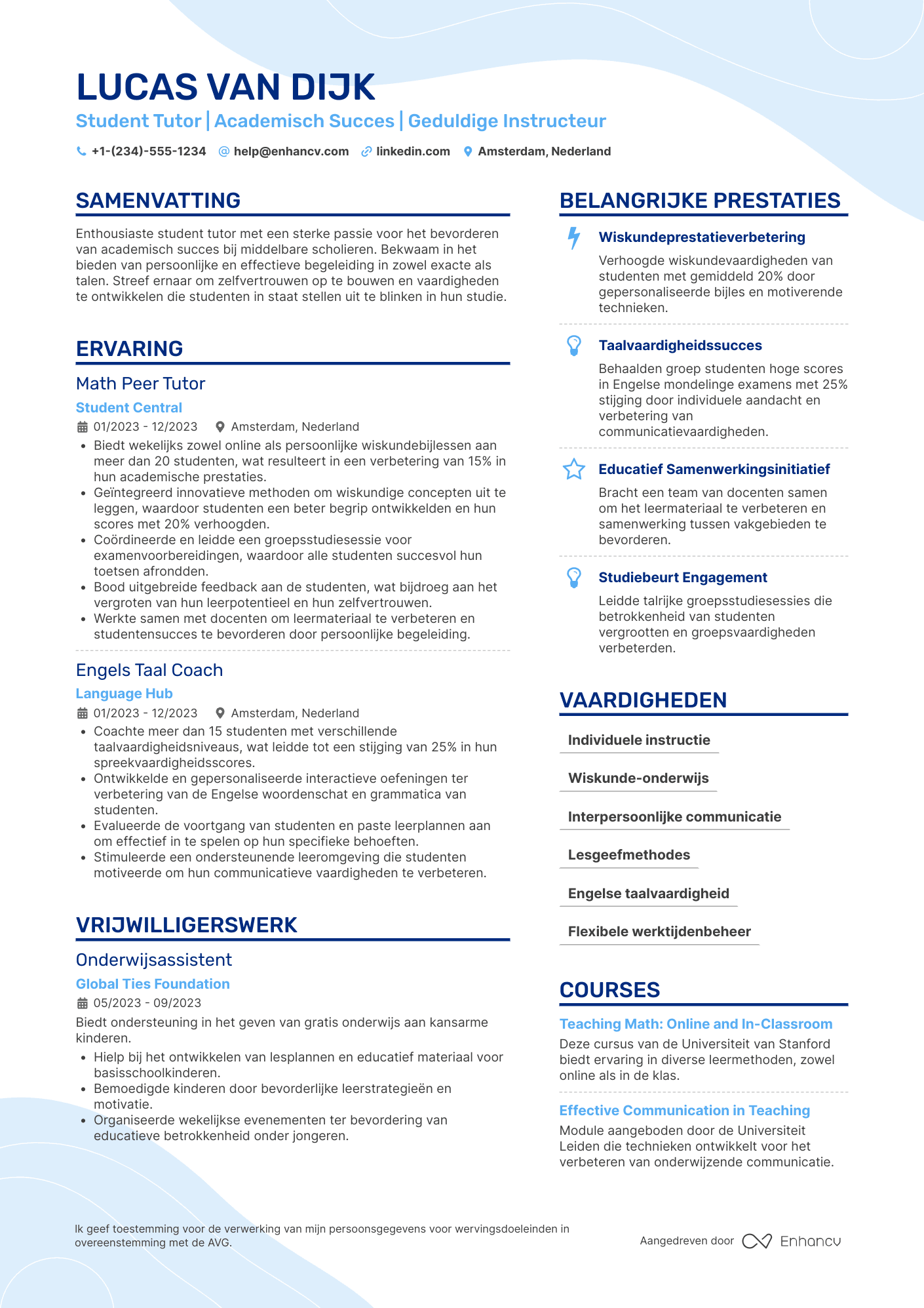 CV voor Middelbare School Student Tutor