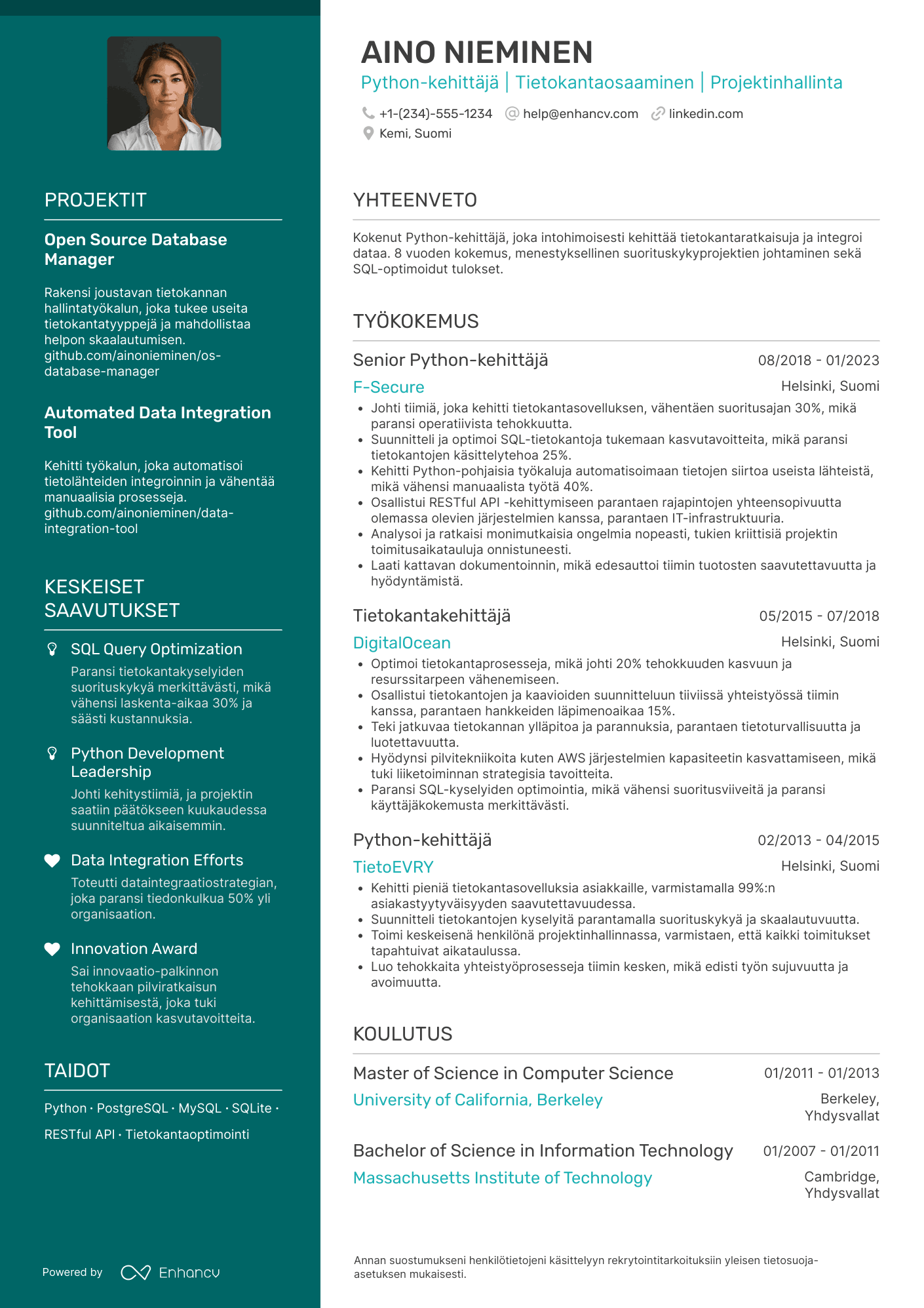 Ansioluettelo Tietokanta Python kehittäjä
