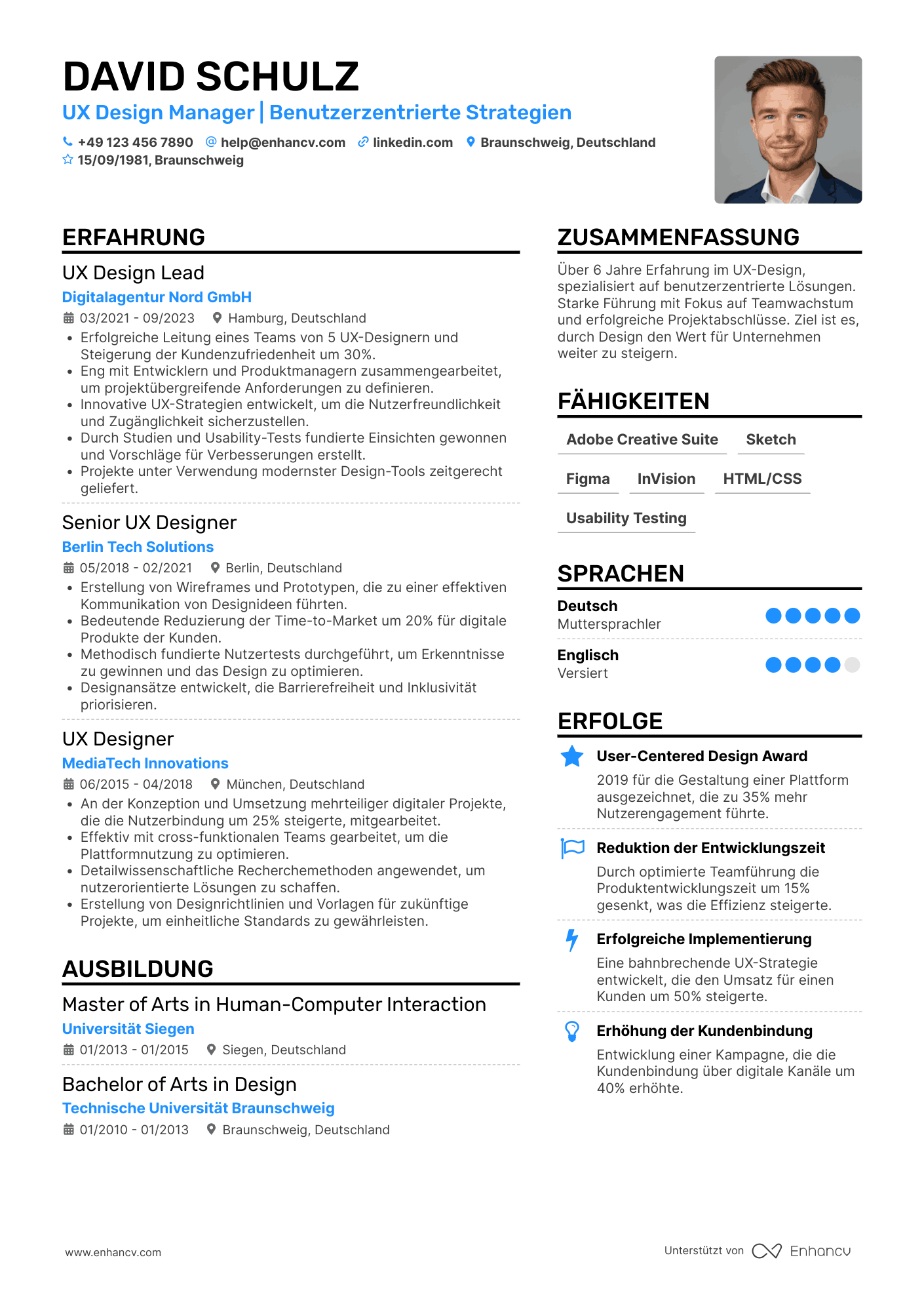 Lebenslauf als UX Design Manager