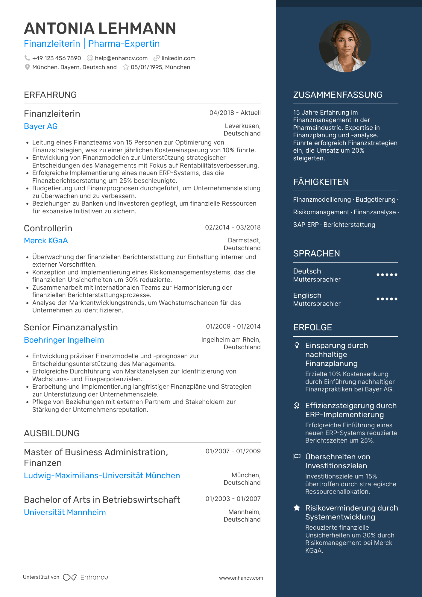 Lebenslauf in Finanzvorstand in der Pharmaindustrie