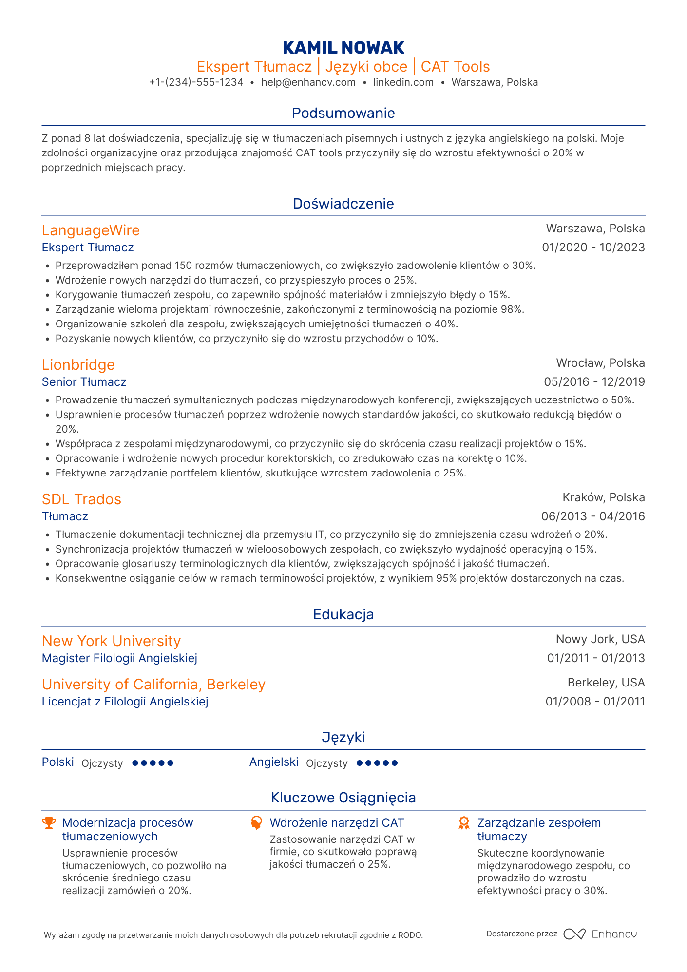 CV dla Ekspert Tłumacz