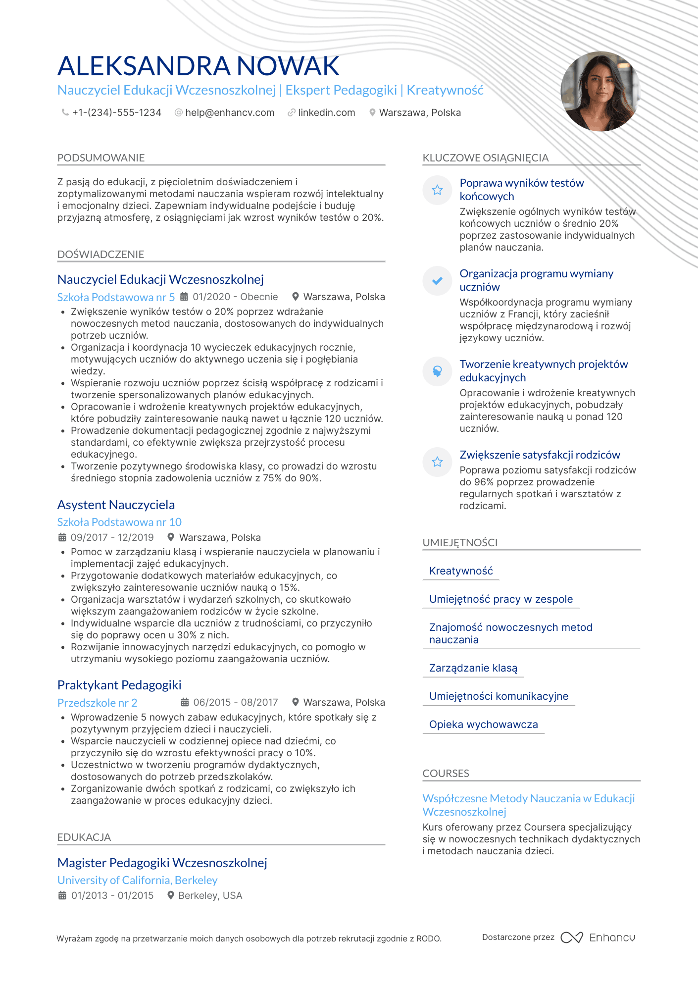 CV dla Nauczyciel Edukacji Wczesnoszkolnej Wychowawca Klasowy