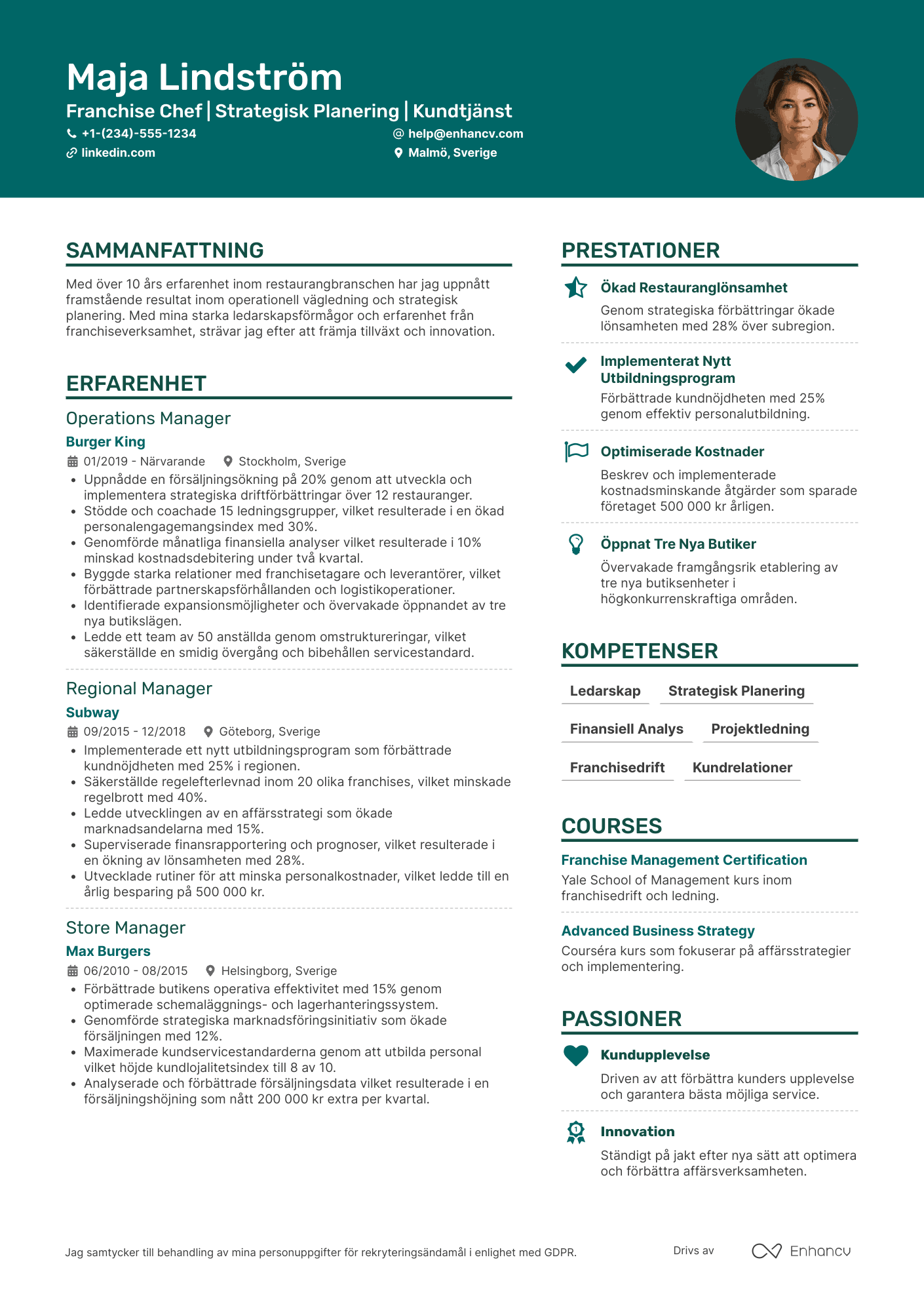 CV för McDonald's Franchisechef