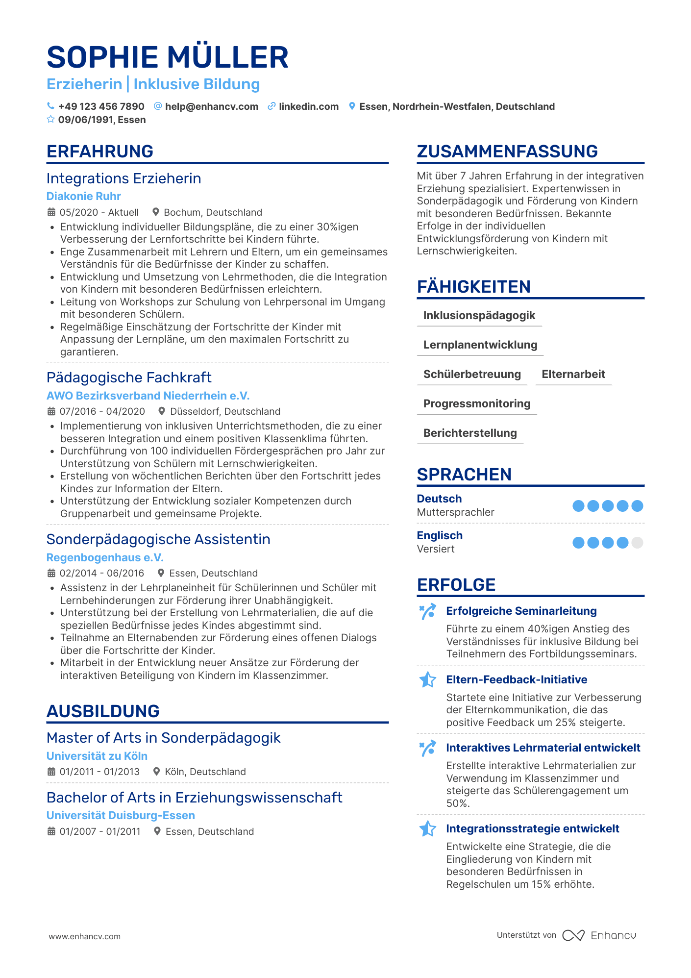 Lebenslauf als Integrations Erzieherin