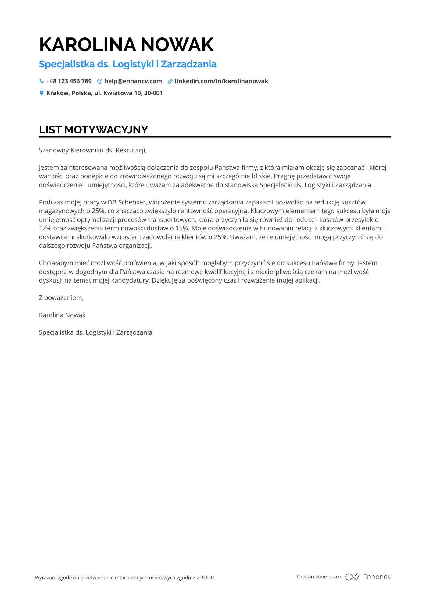 List motywacyjny dla Pracownik Biurowy ds. Logistyki
