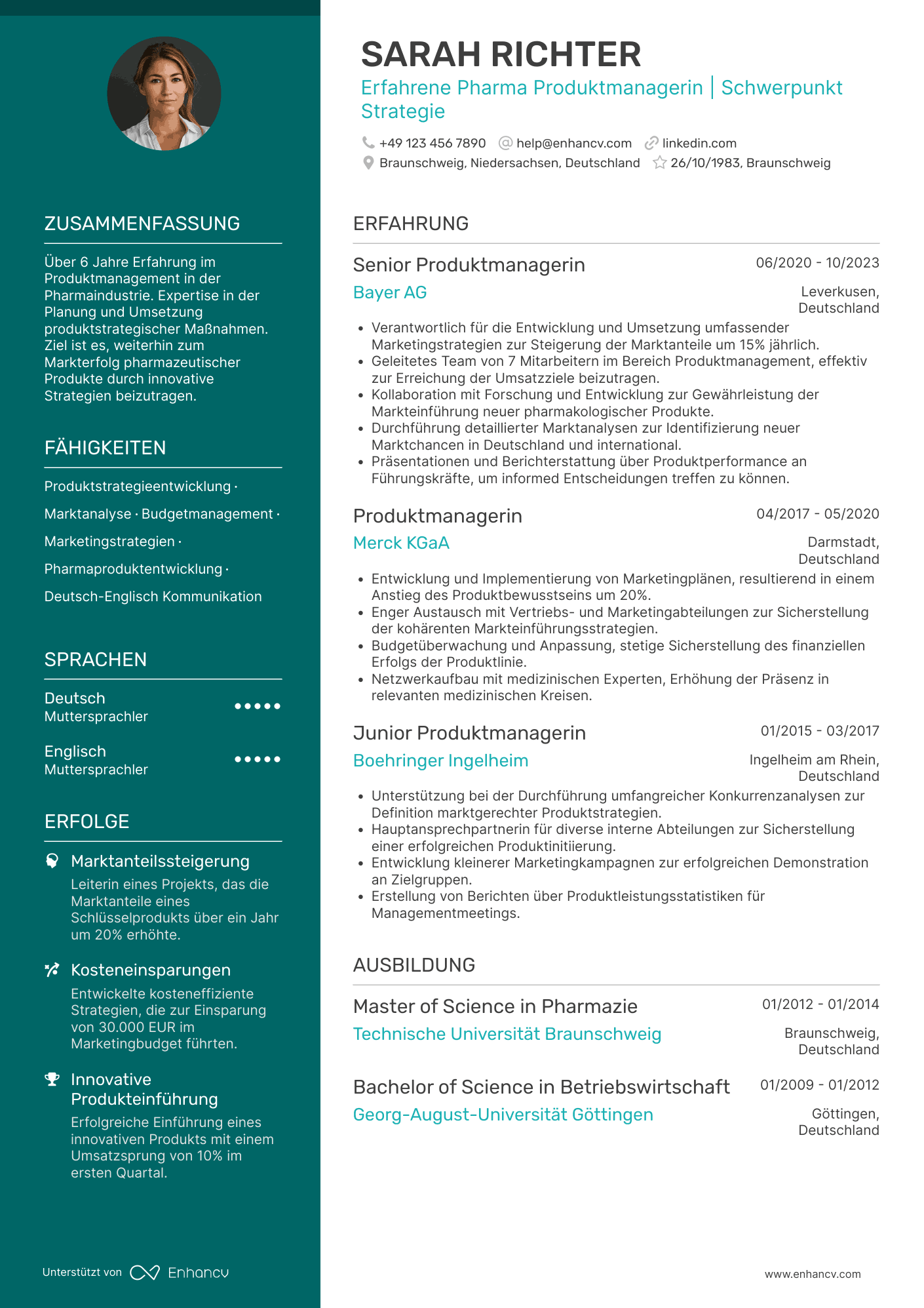 Lebenslauf in Produktmanager in der Pharmaindustrie