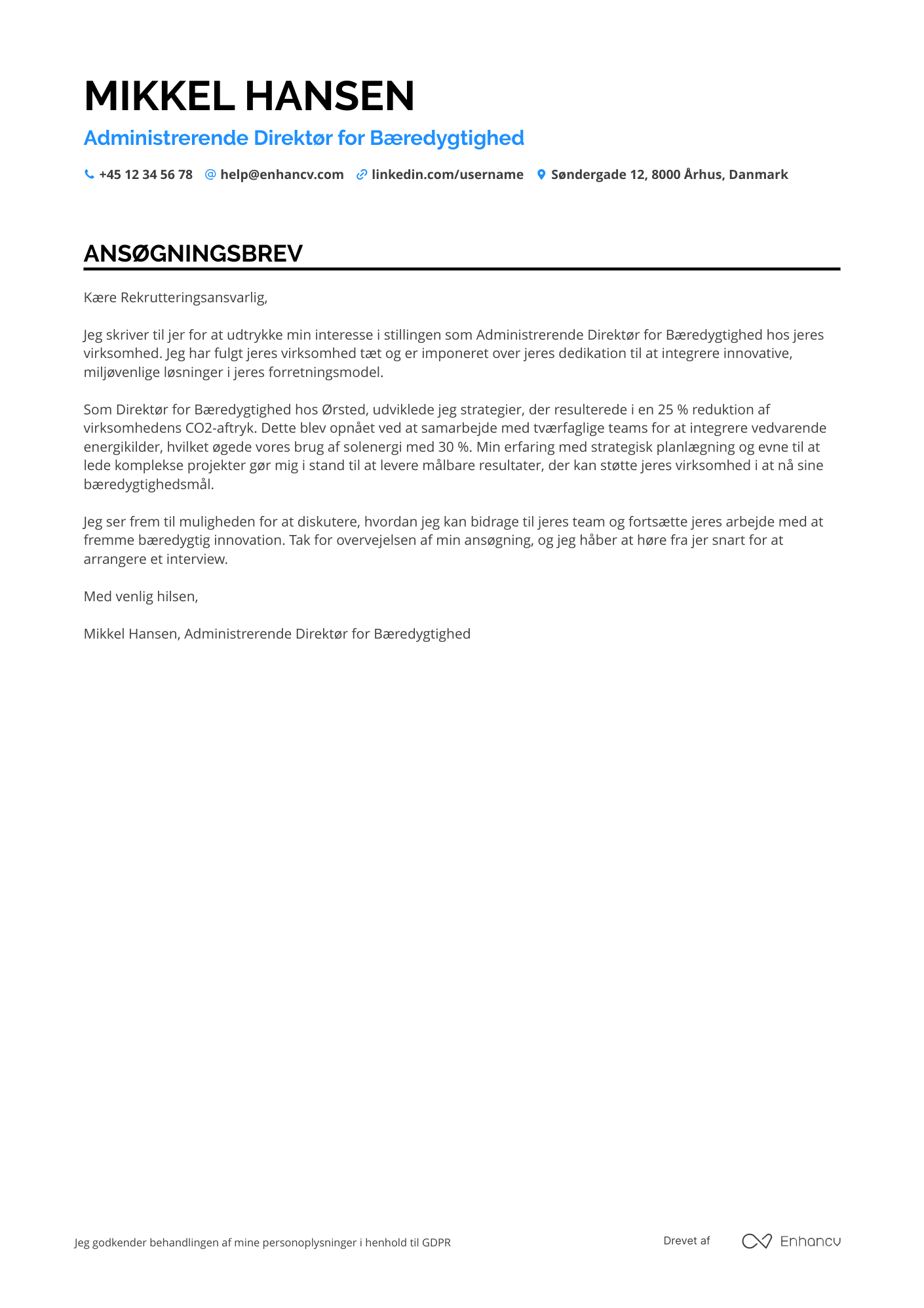 Ansøgningsbrev til Administrerende Direktør for Bærekraft