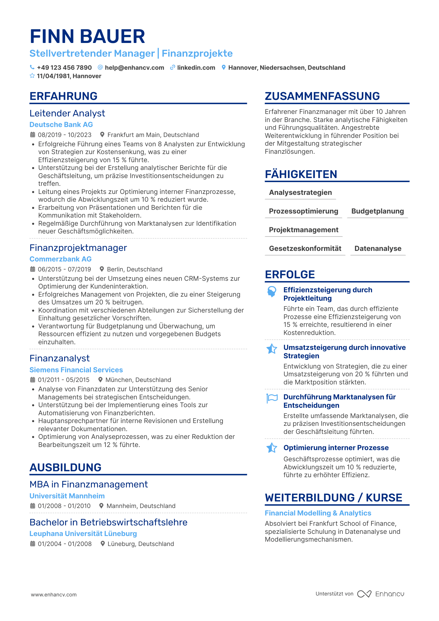 Lebenslauf in Stellvertretender Manager in der Finanzbranche