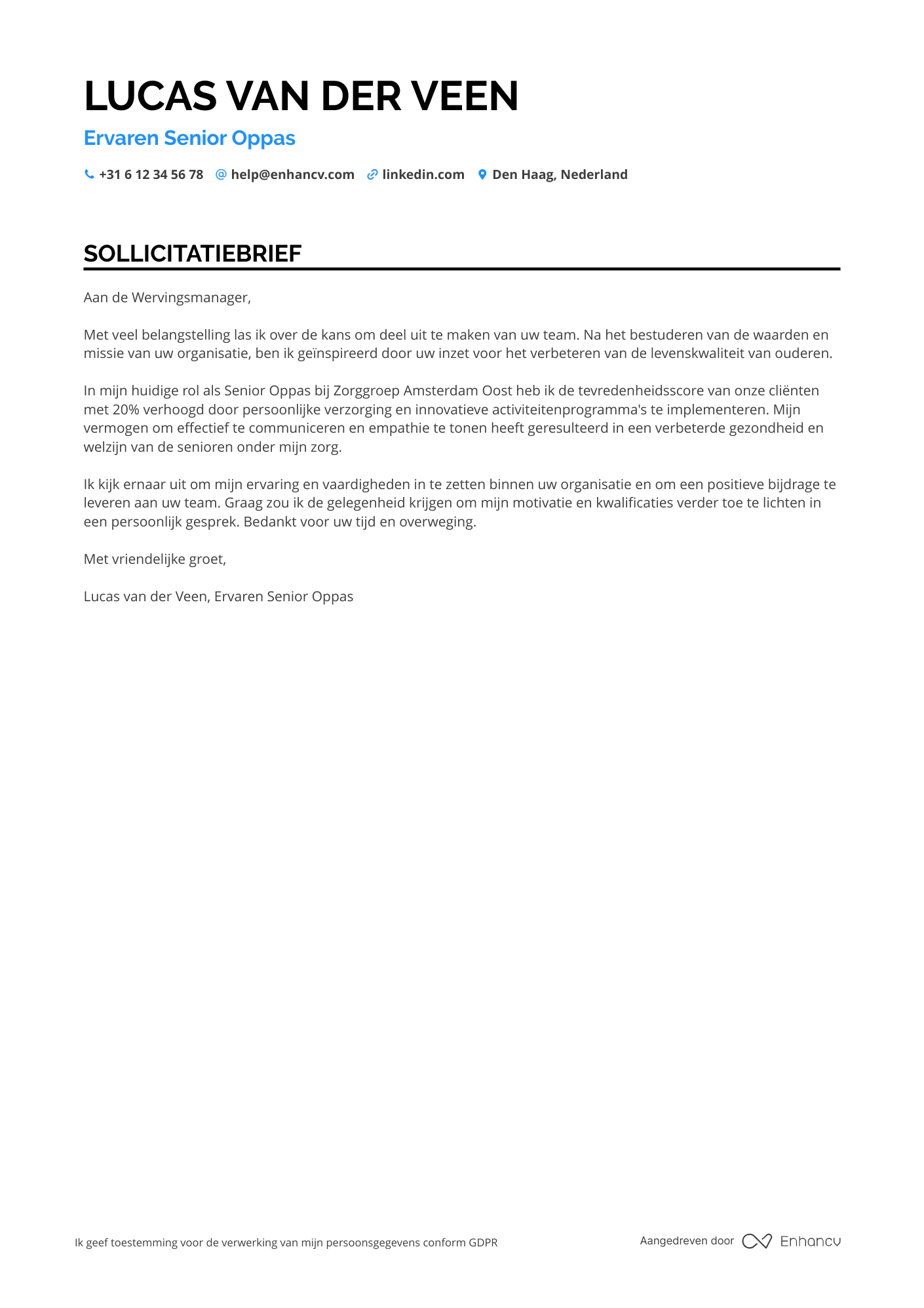 Sollicitatiebrief voor Senior Oppas