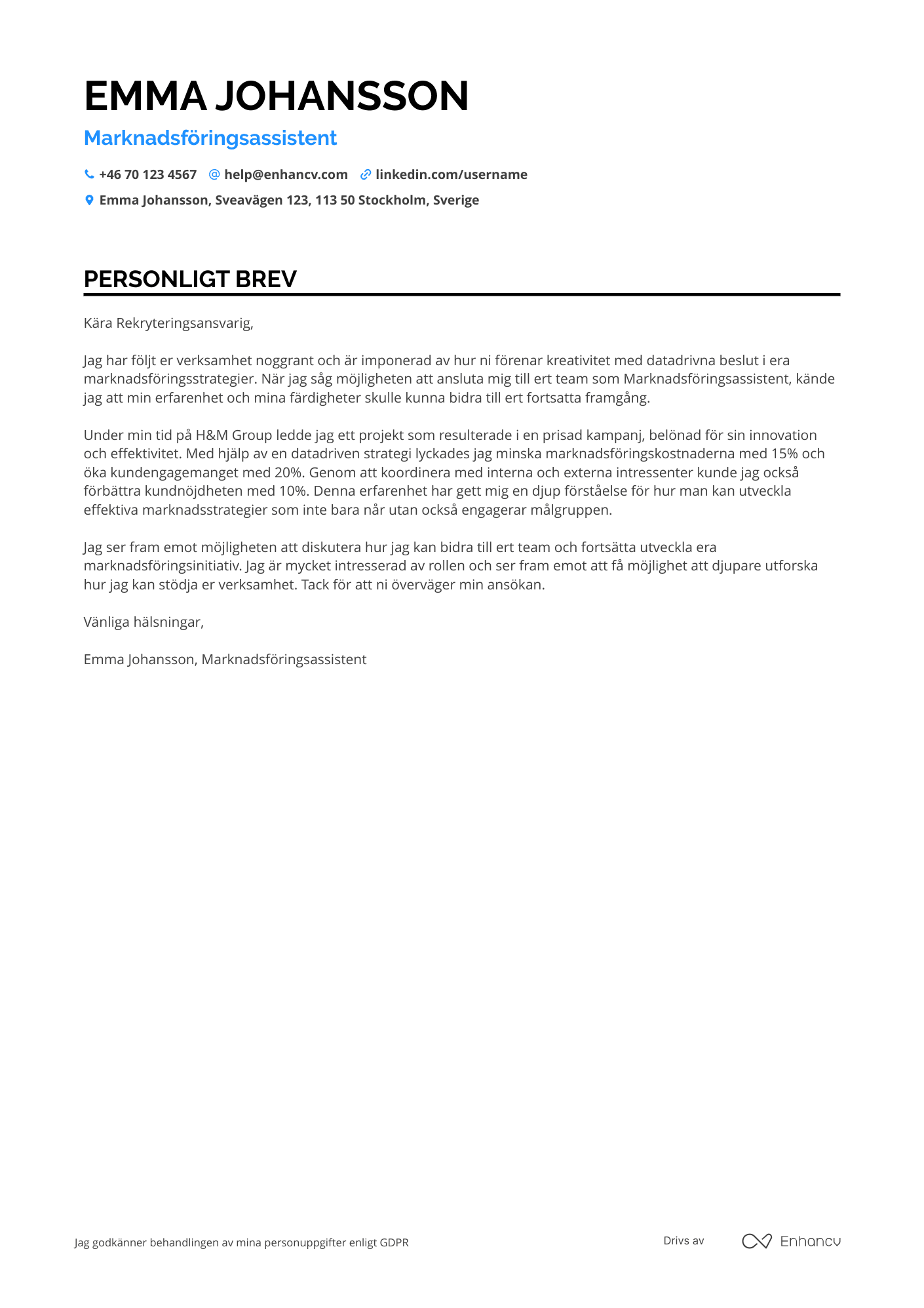 Personligt brev för Marknadsföringsassistent